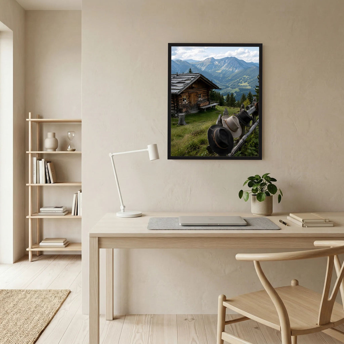 Hochformatiges Landschaftsposter mit Almhütte, Bergen und Hüten im schwarzen Rahmen
