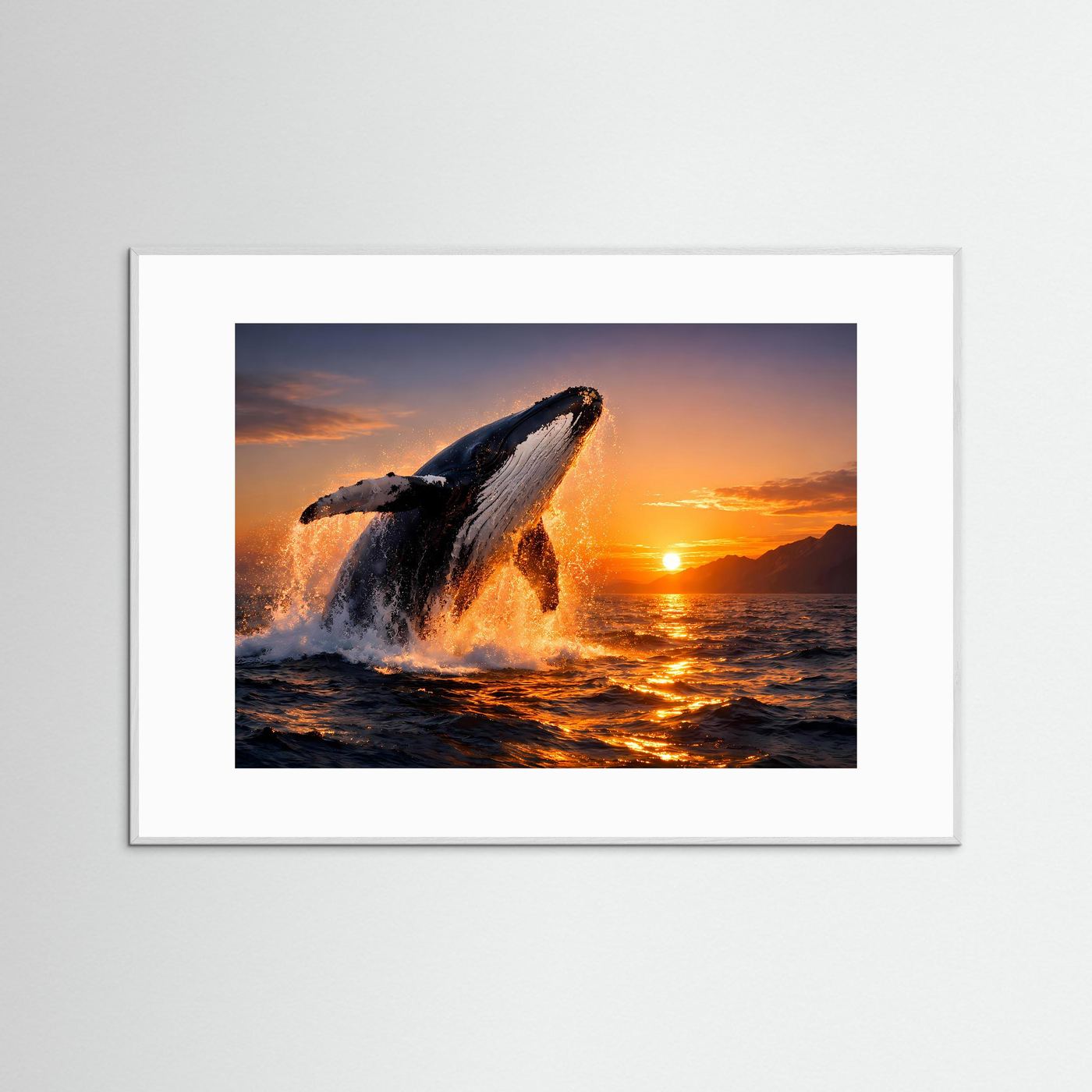 Gerahmtes Panorama-Wandposter mit springendem Buckelwal am Meer bei Sonnenuntergang, weiß