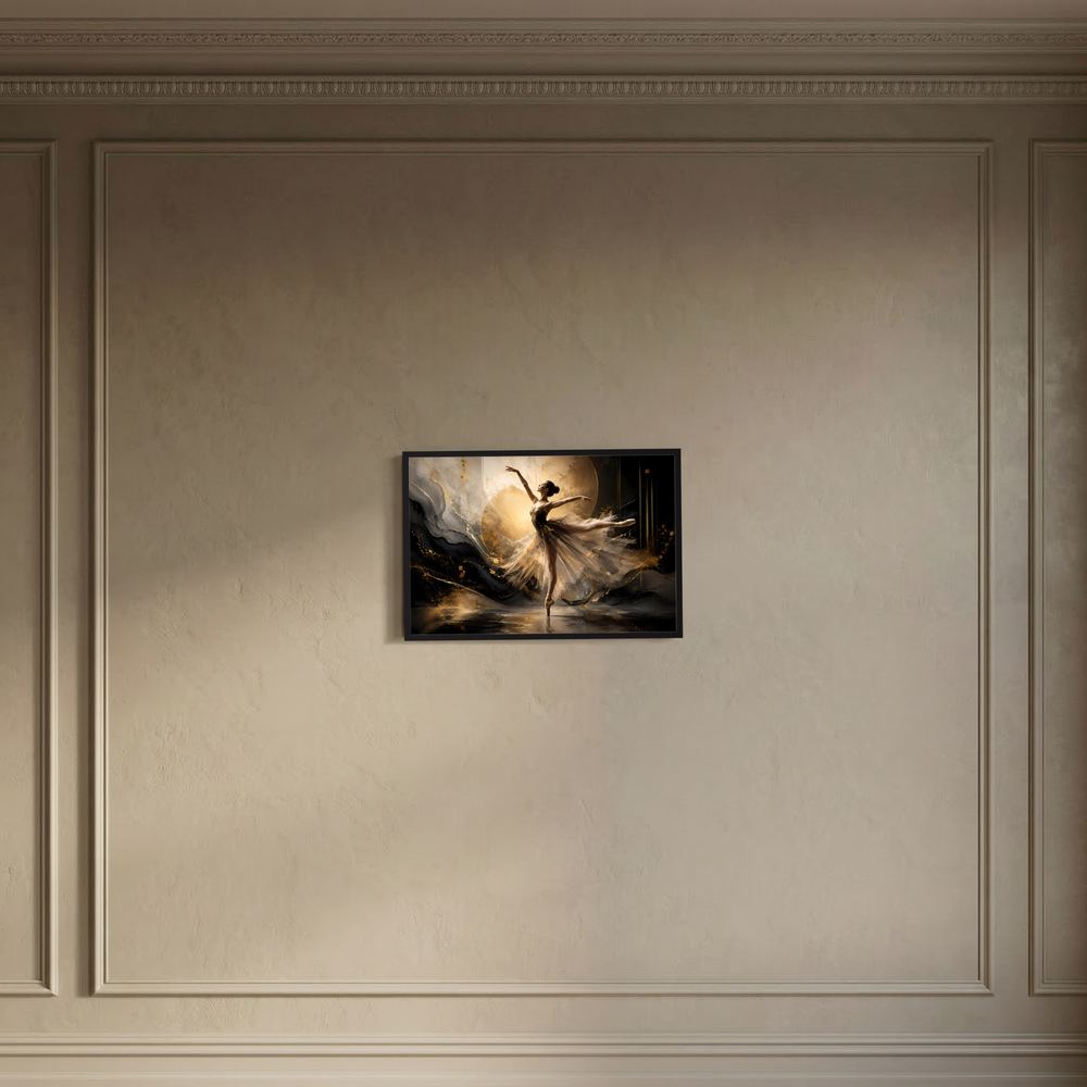 Poster Querformat mit tanzender Ballerina: schwarz, Creme und Gold, schwarzer Rahmen