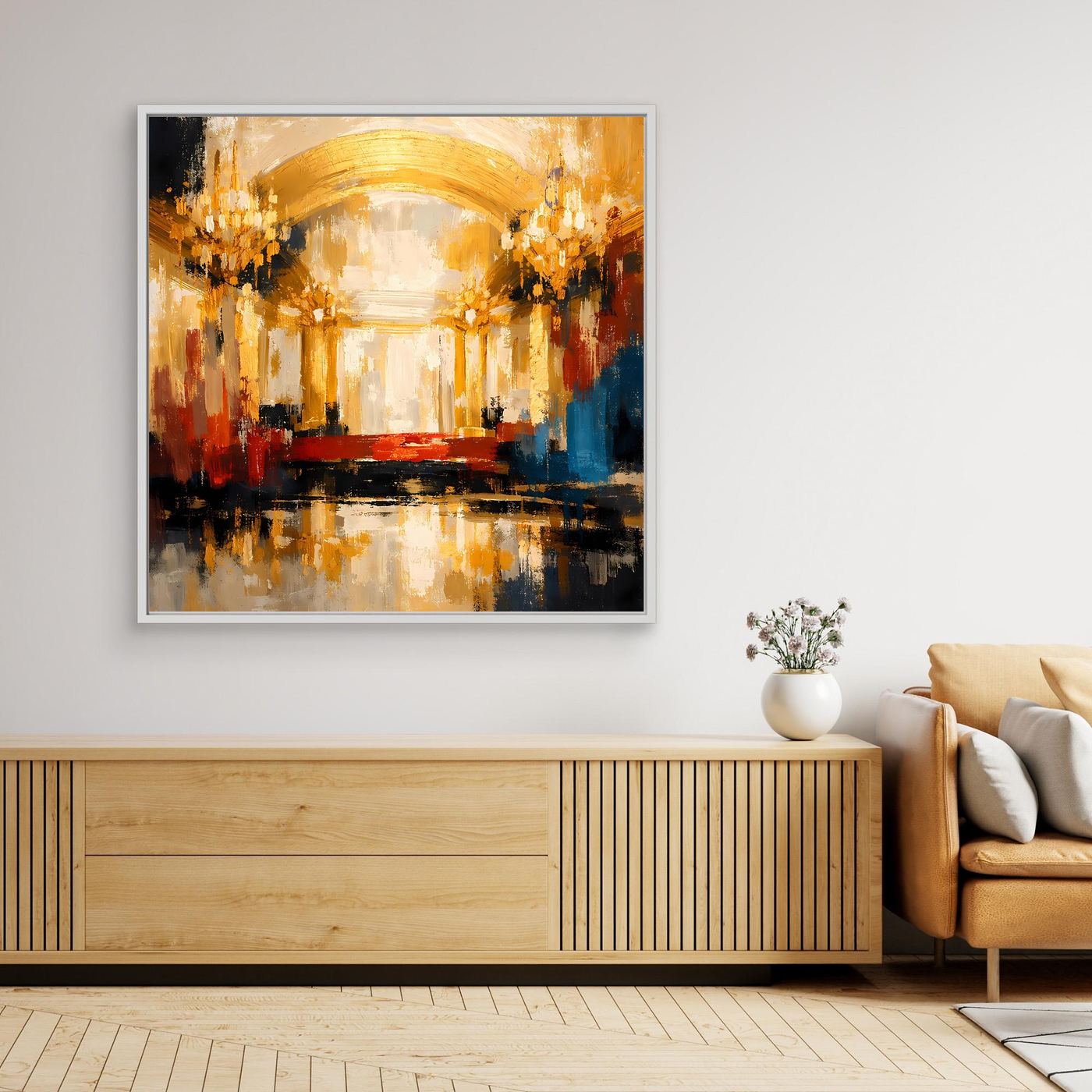 Leinwand Abstraktes Palast Saal Gemälde | Modernes Elegantes Wandbild Ballsaal Gold Rot