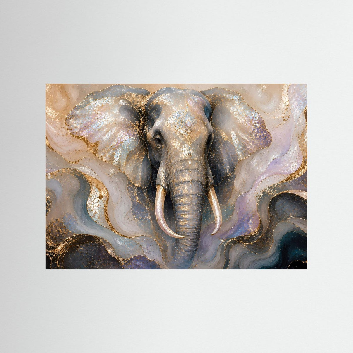 Querformatiges Elefantenposter mit gold-schimmerndem Mosaik und Perlmuttfarben, ohne Rahmen