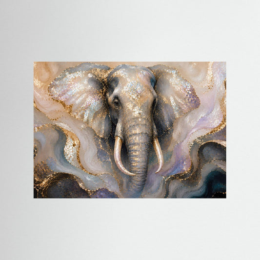 Querformatiges Elefantenposter mit gold-schimmerndem Mosaik und Perlmuttfarben, ohne Rahmen