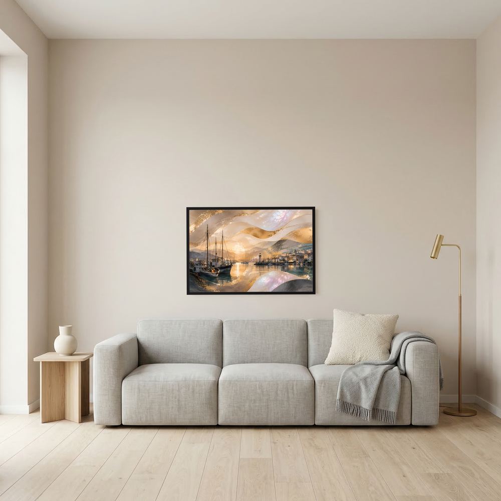 Wandbild: kleines Querformat-Poster mit Hafen, Segelbooten und Leuchtturm bei Sonnenuntergang
