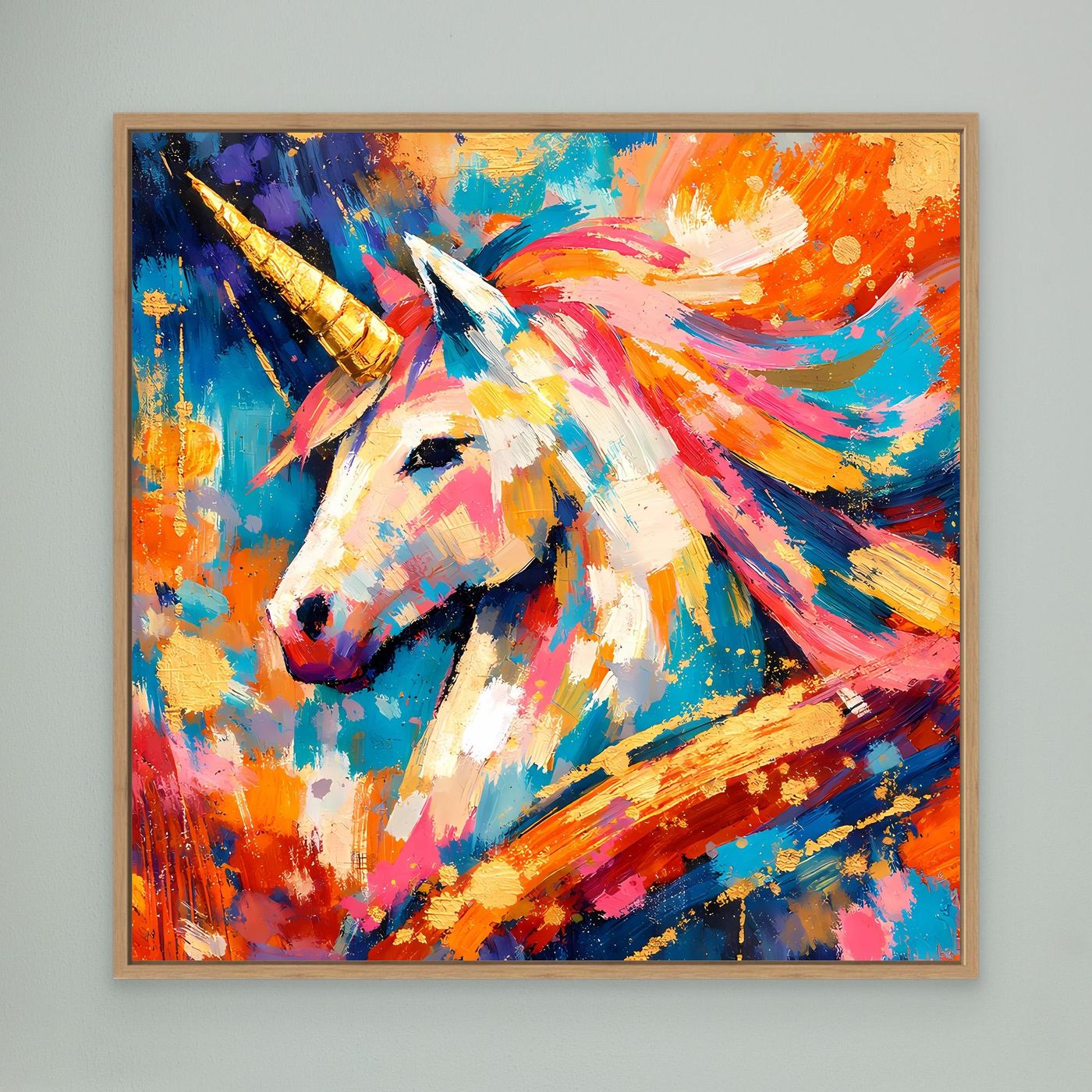 Leinwandbild mit abstraktem Einhorn, goldenes Horn, bunte Pinselstriche, Eichenrahmen