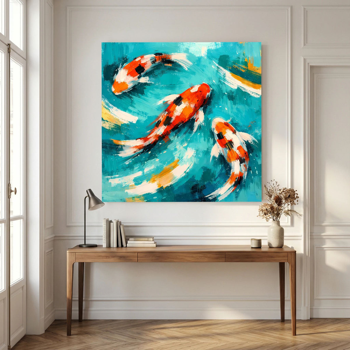 Wandbild mit zwei Koi-Karpfen auf türkisgrünem Wasser, orange-weiße Fische mit Schwarz