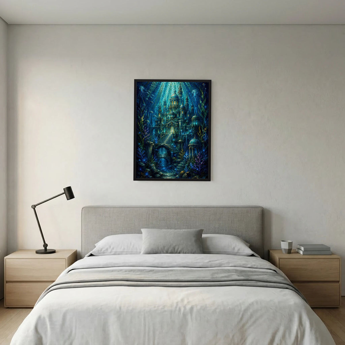 Wandposter im Hochformat mit schwarzem Rahmen über Bett, Unterwasserstadt in Blau und Gold