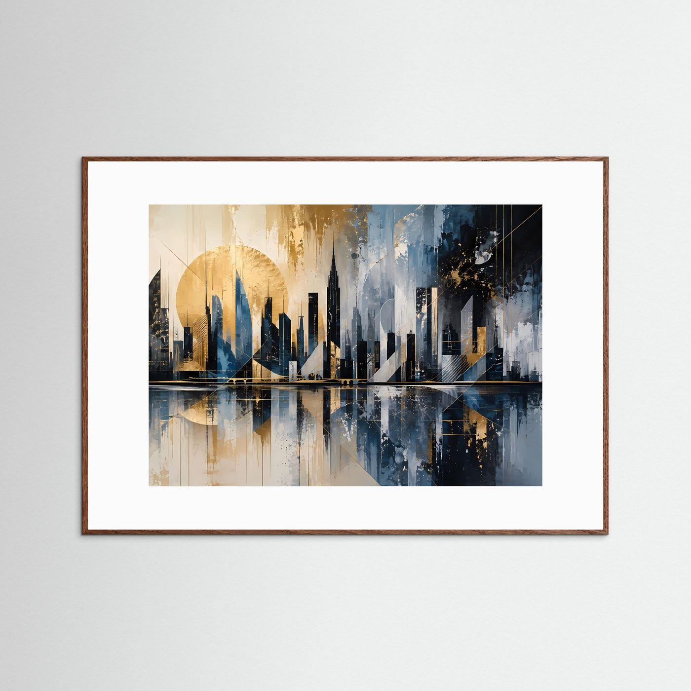 Abstrakte Skyline in Blau, Gold & Schwarz | Moderne Stadtlandschaft mit Spiegelung