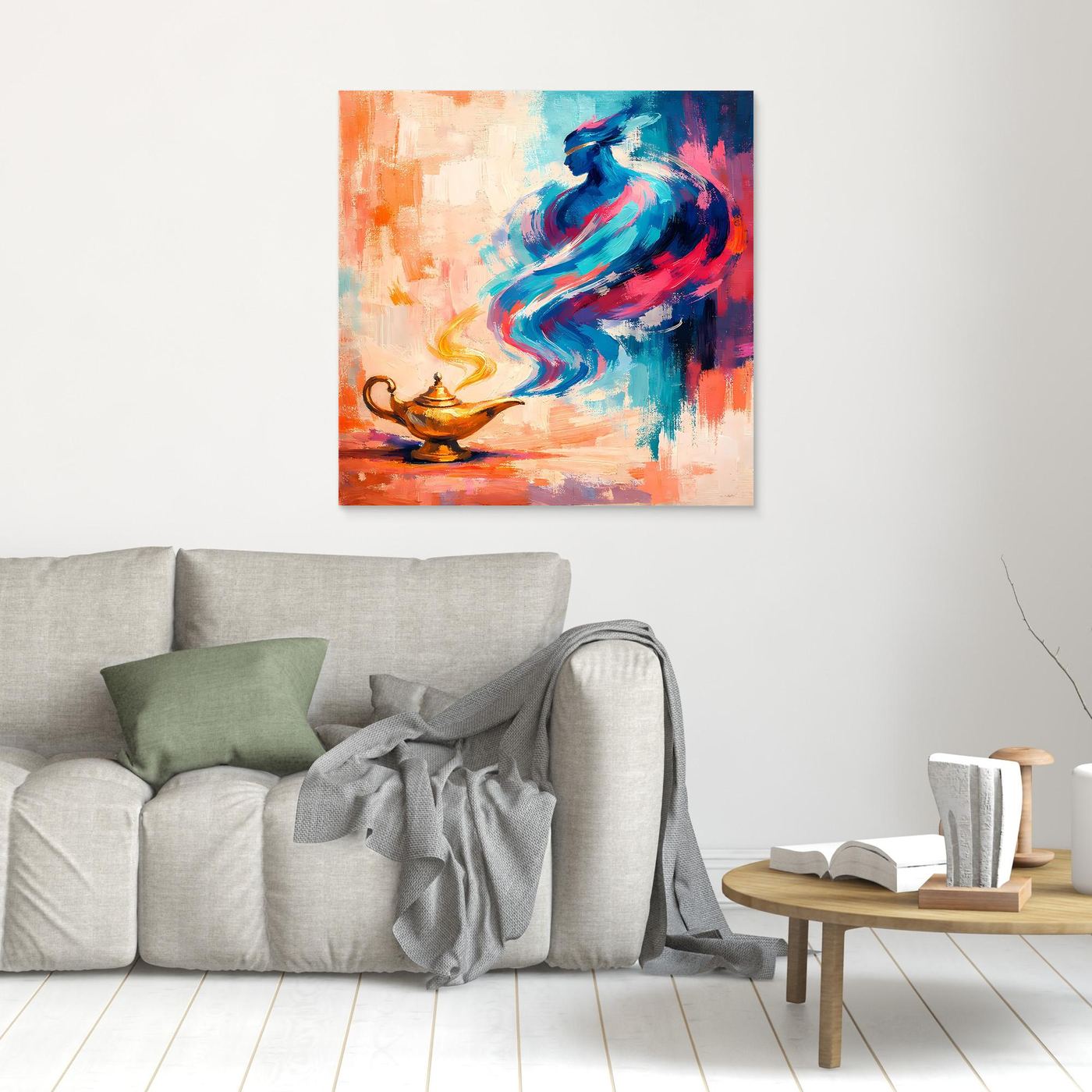 Wandbild mit abstraktem Flaschengeist, schmaler Holzrahmen, blaue und orange Farbfelder