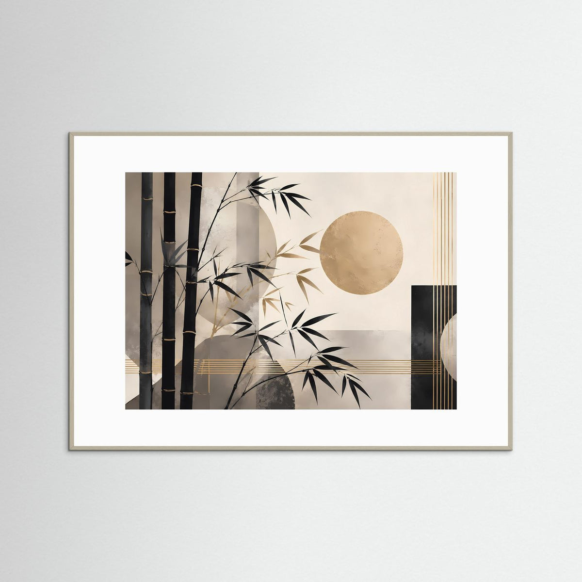 Poster im Querformat mit Bambusillustration, goldener Kreisform und schwarzen Streifen, weiß gerahmt