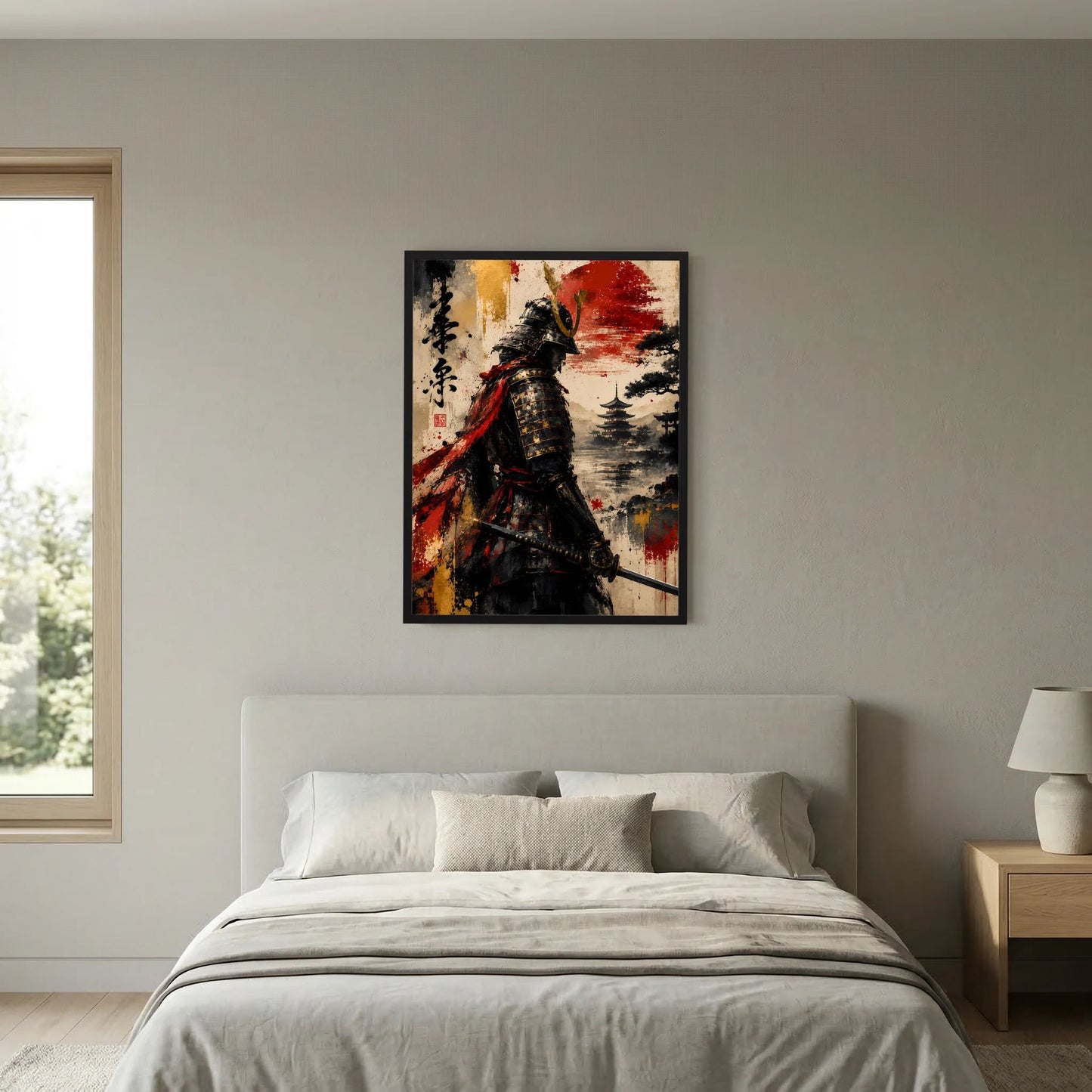 Quadratisches Poster an der Wand im schwarzen Rahmen: Samurai in Schwarz und Rot, mit Sonne.