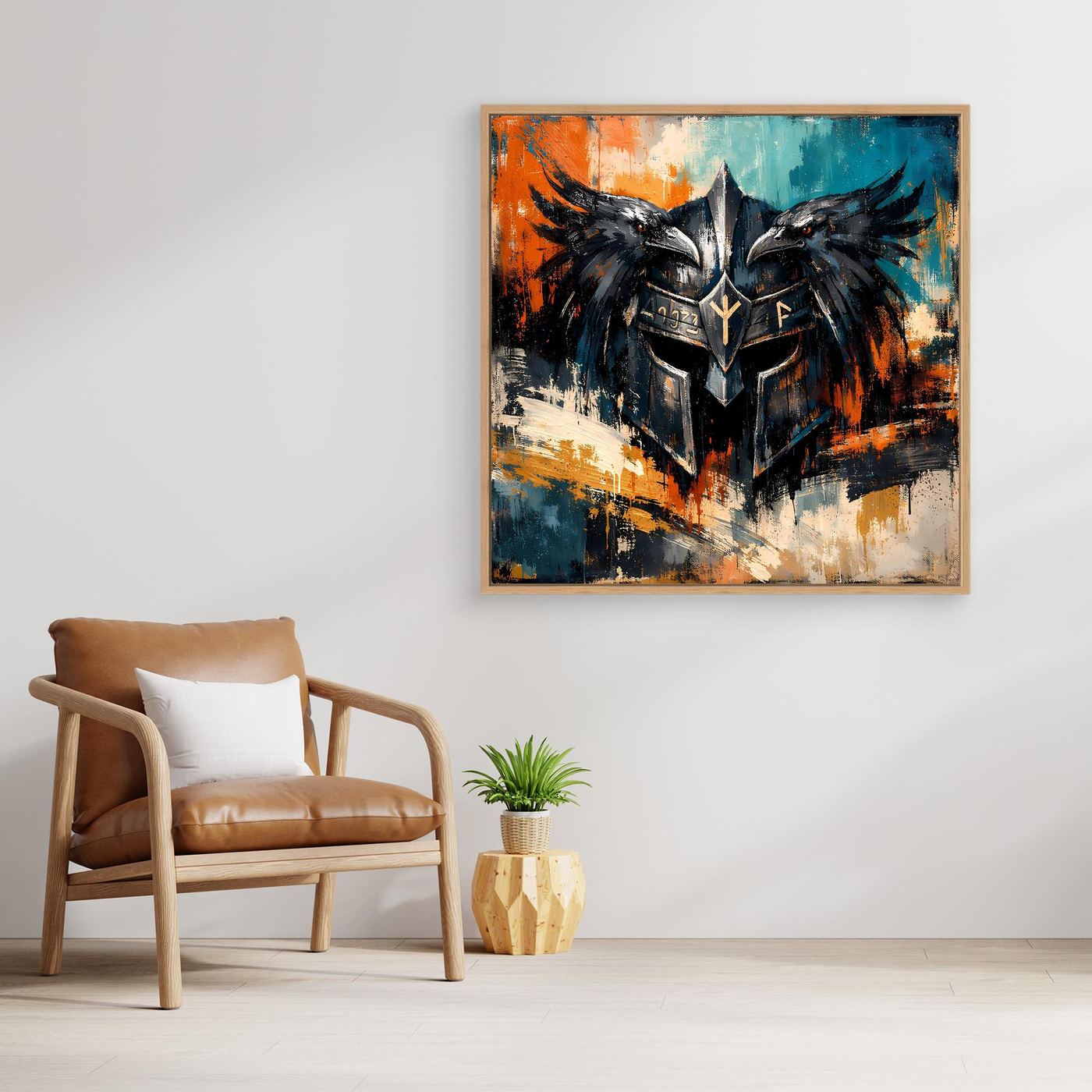Leinwand-Wandbild mit Odin-Helm und Raben, abstrakt, mehrfarbig, naturfarbener Rahmen