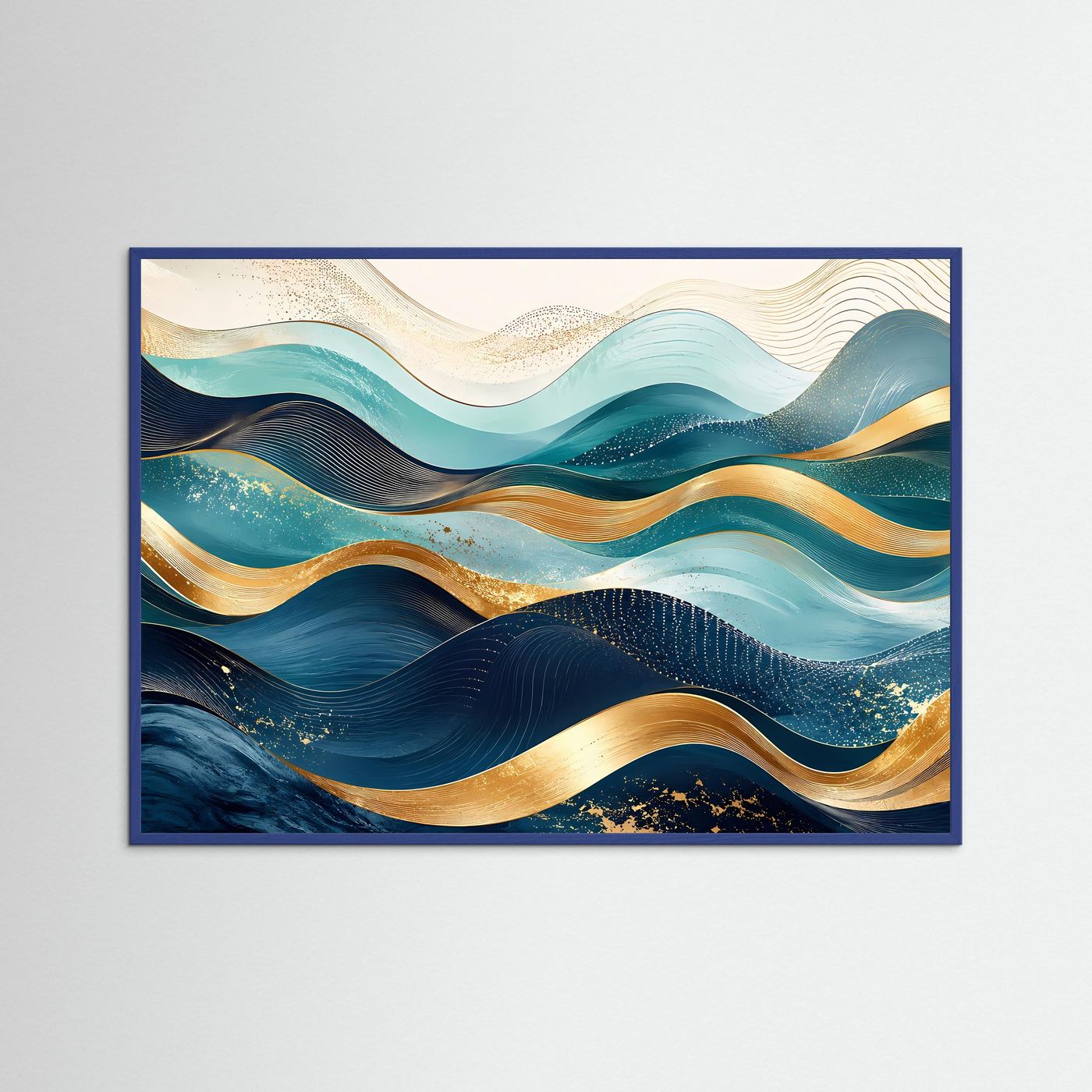 Abstrakte Wellen Poster Querformat | Moderne Wandkunst in Blau, Türkis & Gold | Elegantes Panorama Wandbild