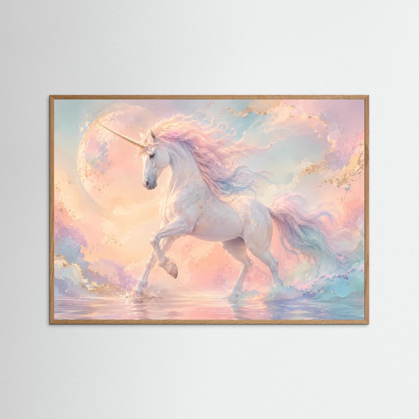 Magisches Einhorn Poster Querformat | Fantasie Wandbild Pastell Himmel & Mond | Mystische Fantasy Kunst