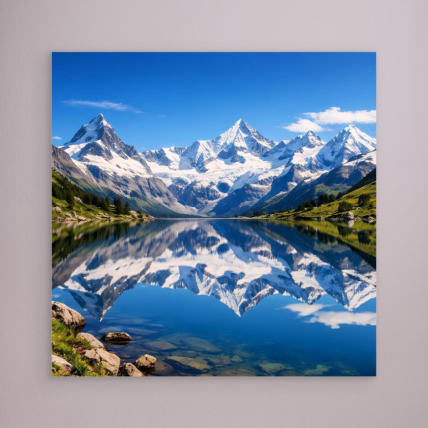Leinwandbild Alpen-Bergsee mit Spiegelung und Bergpanorama, ohne sichtbaren Rahmen