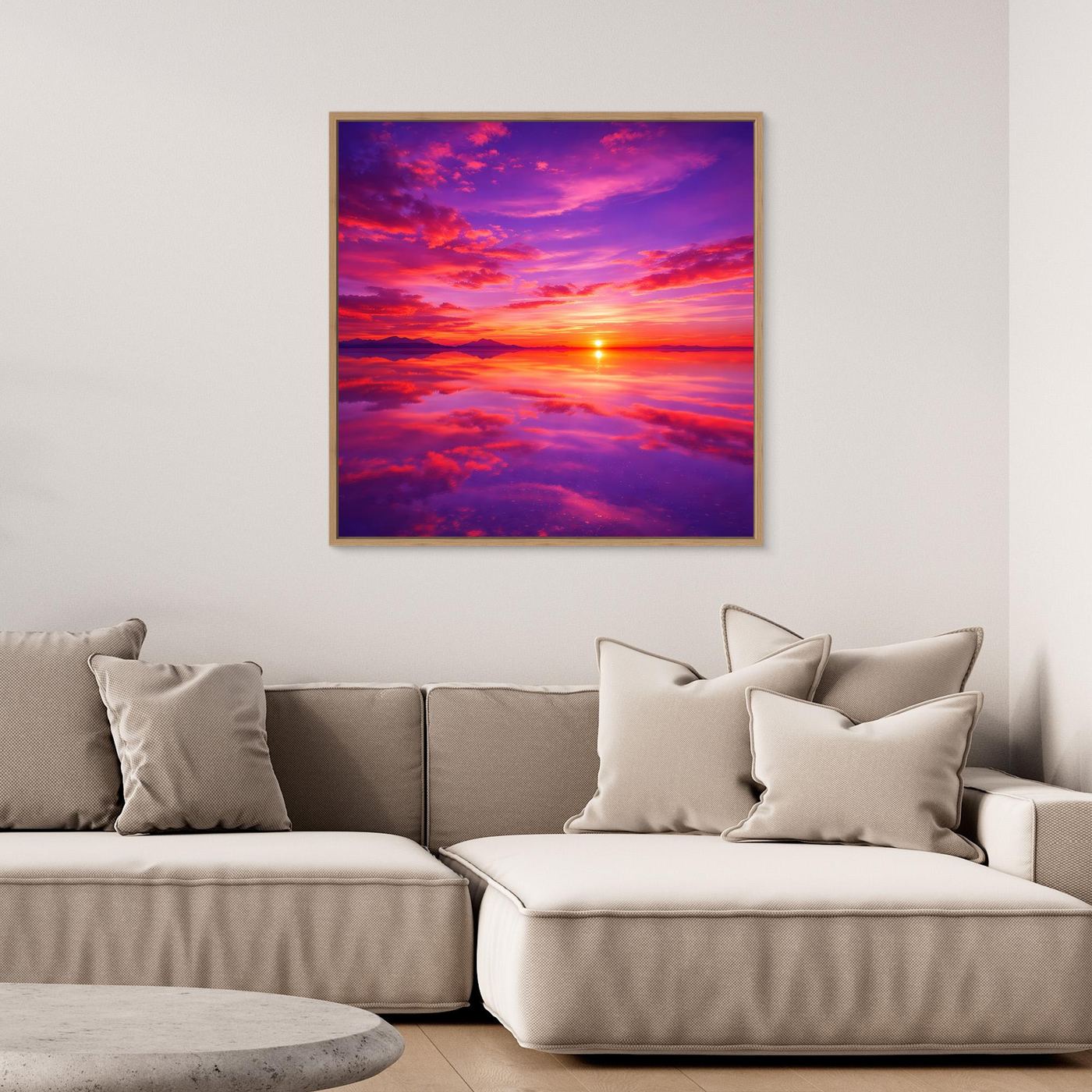 Leinwandbild mit Sonnenuntergang über dem Meer, quadratisches Bild mit schmalem Rahmen