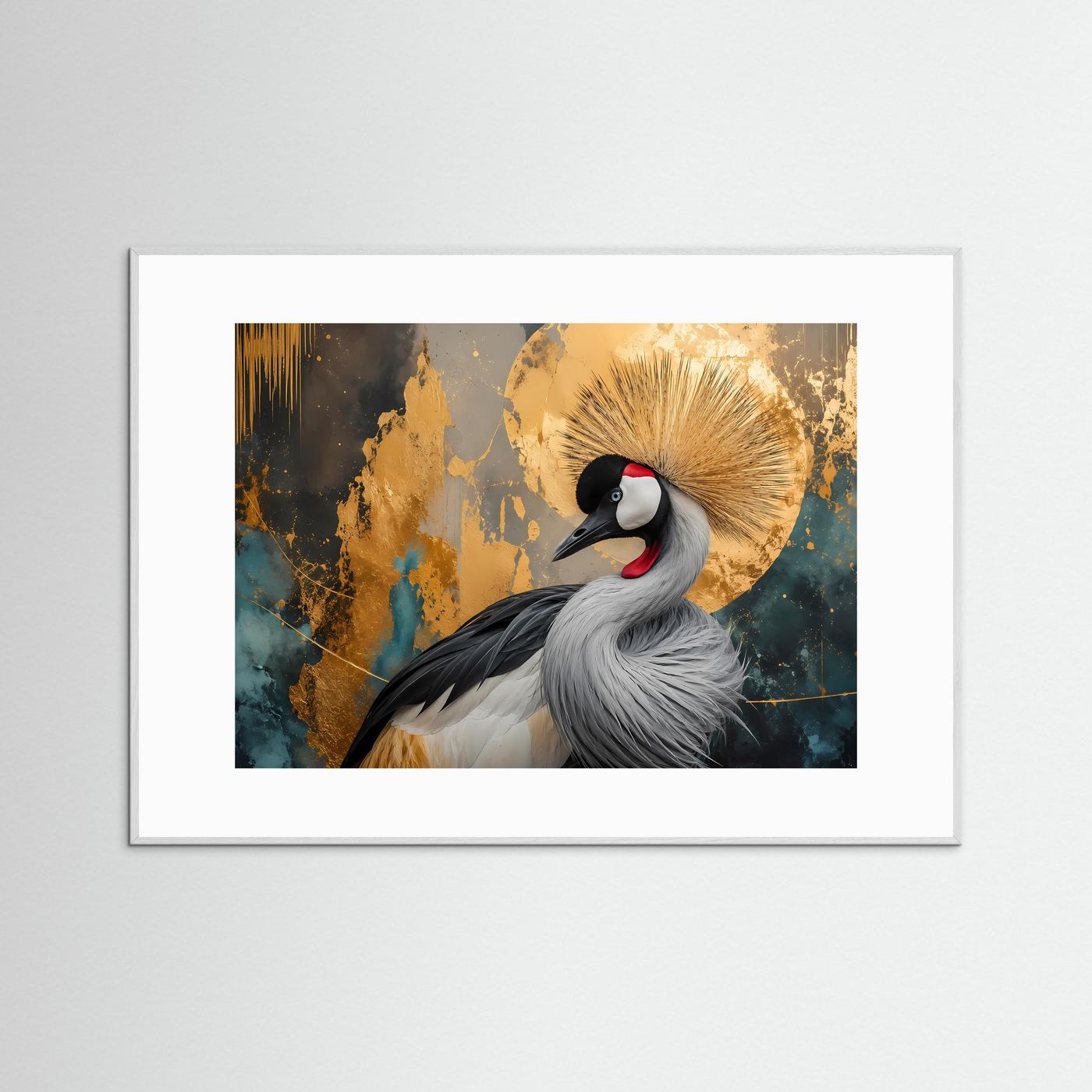 Majestätischer Kronkranich in Gold & Petrol | Modernes Wandbild mit Tier-Motiv & Fluid Art