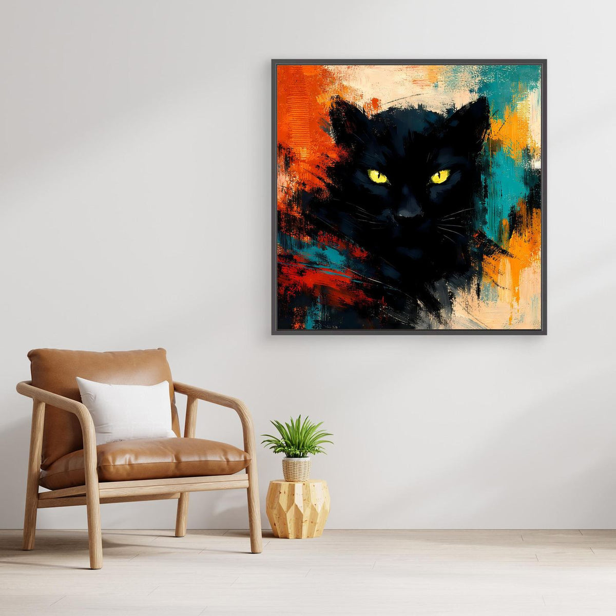 Leinwandposter mit schwarzem Panther und gelben Augen, abstrakter Farbexplosion, schwarzer Rahmen