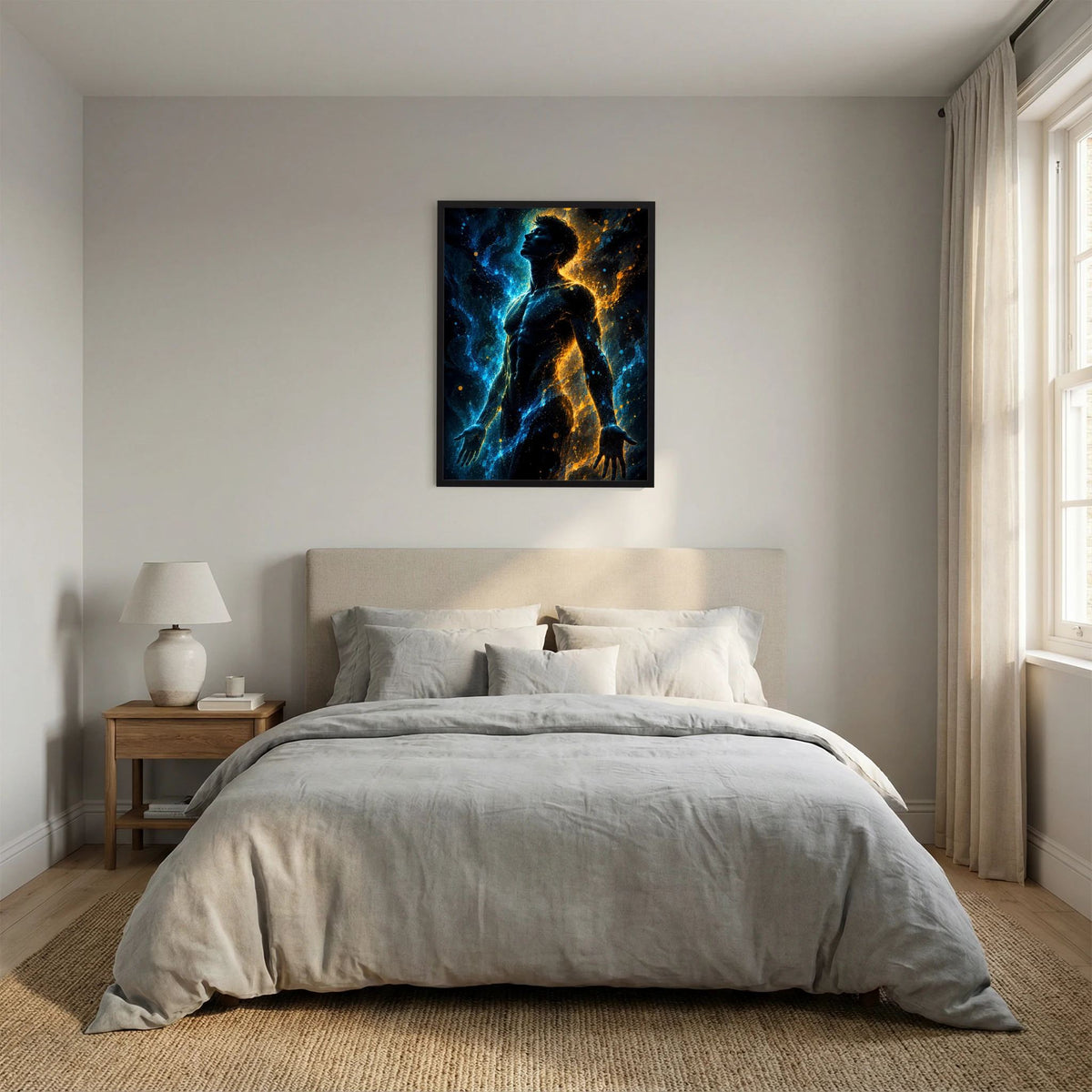 Hochformatposter: männliche Silhouette in Blau und Gold mit fließendem Energiemuster, schwarz