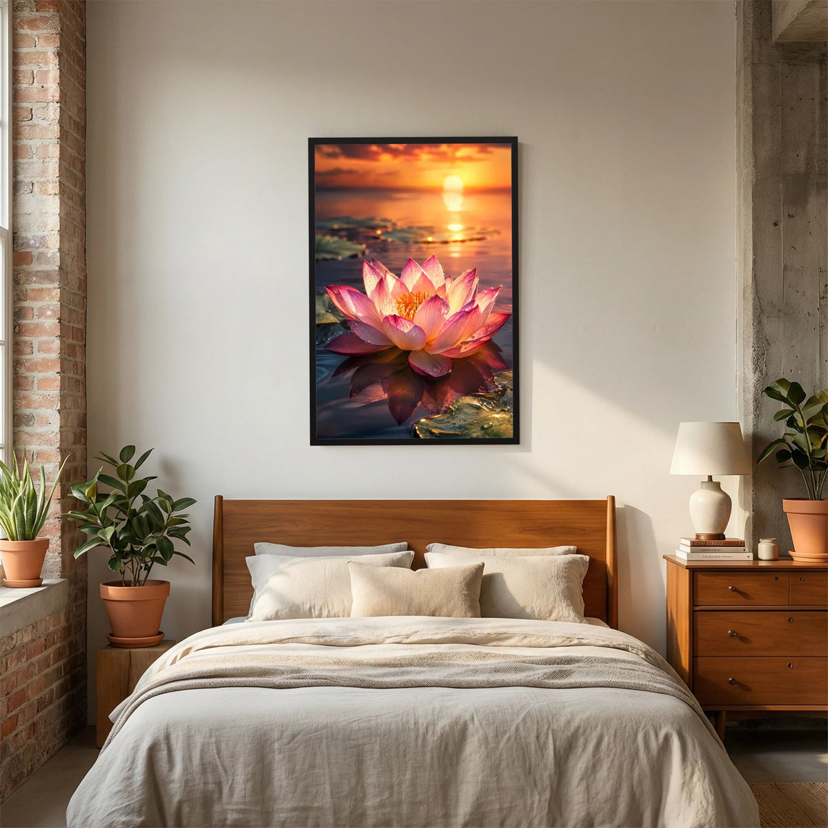 Hochformatiges Poster mit rosafarbener Lotusblüte und Sonnenuntergang, schwarzer Rahmen