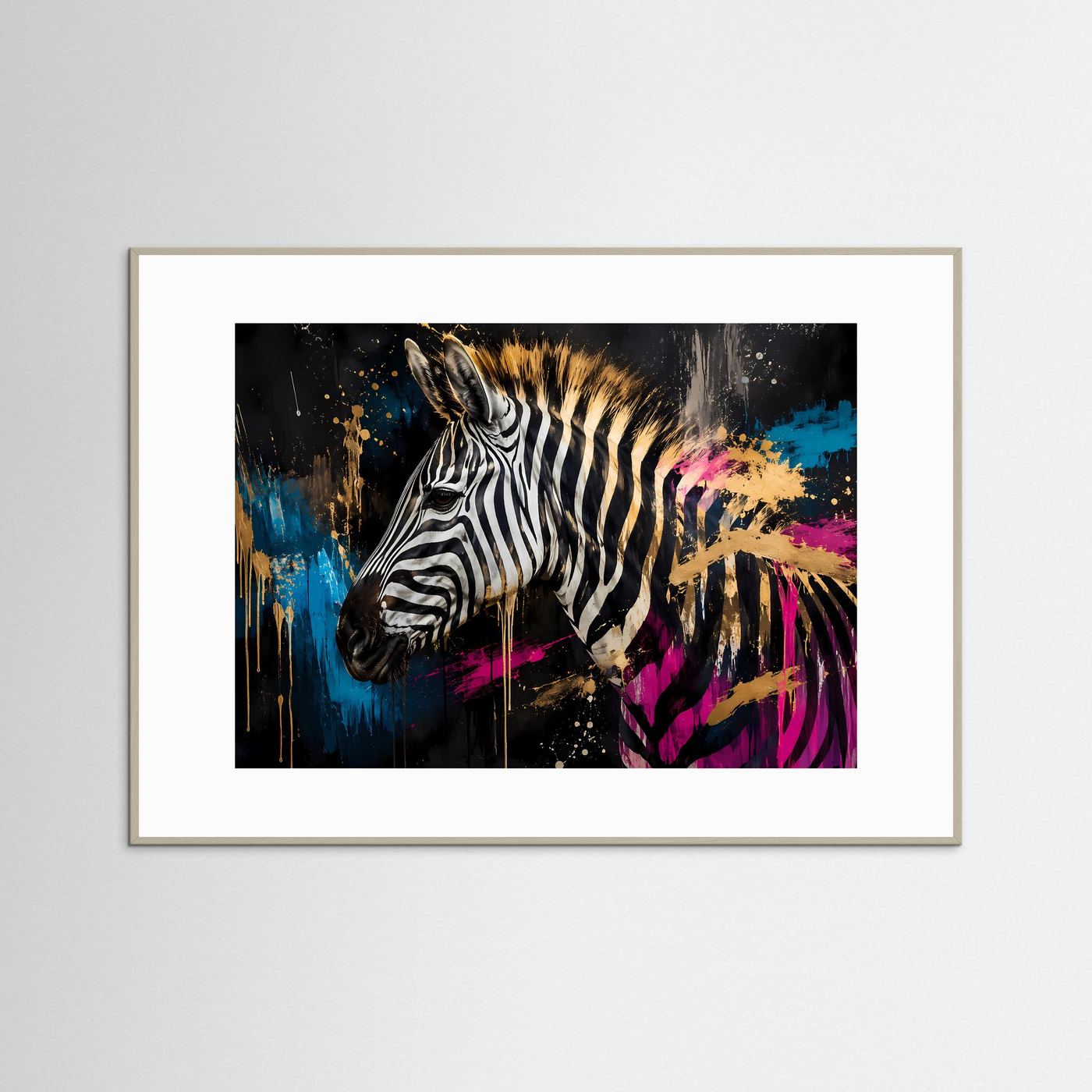Faszinierendes Zebra in Schwarz-Weiß & Farbe | Modernes Wandbild mit Street-Art & Gold-Akzenten