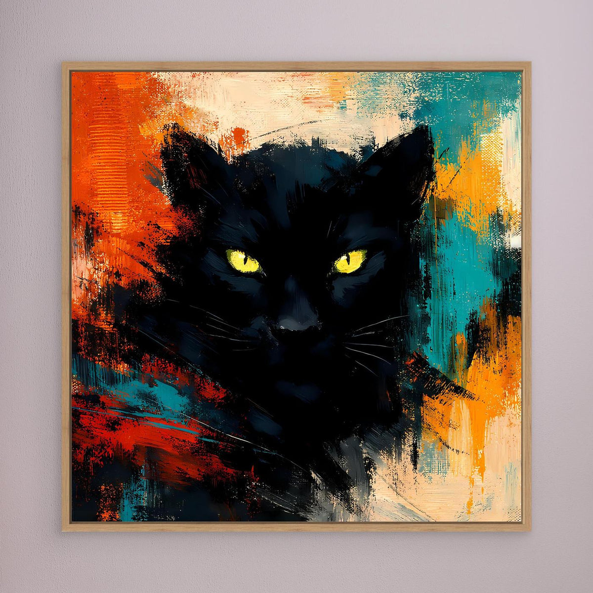 Leinwand-Wandbild mit schwarzem Pantherkopf und gelben Augen im Holzrahmen