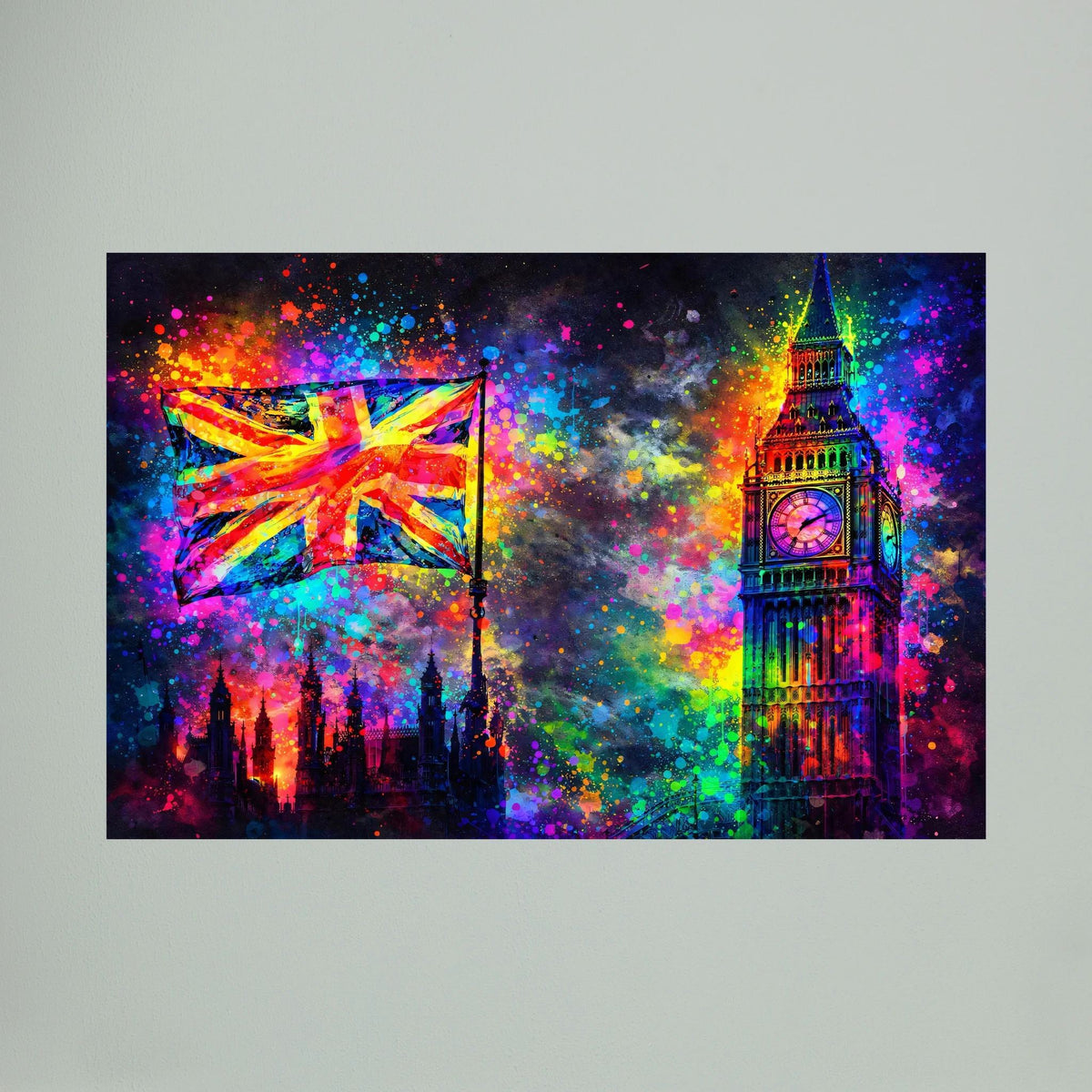 Neonfarbenes Pop-Art-Wandbild im Querformat mit Big Ben und Union-Jack-Flagge