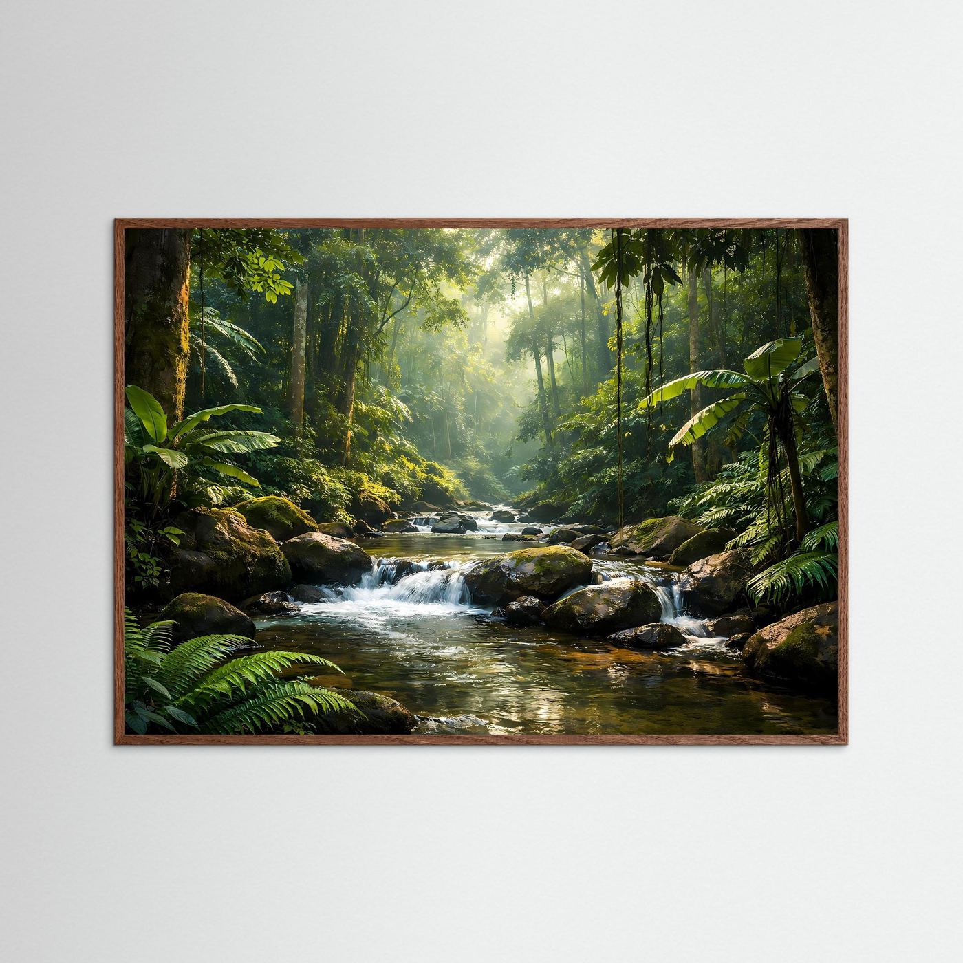Dschungelposter mit Flusslauf, brauner Holzerahmen