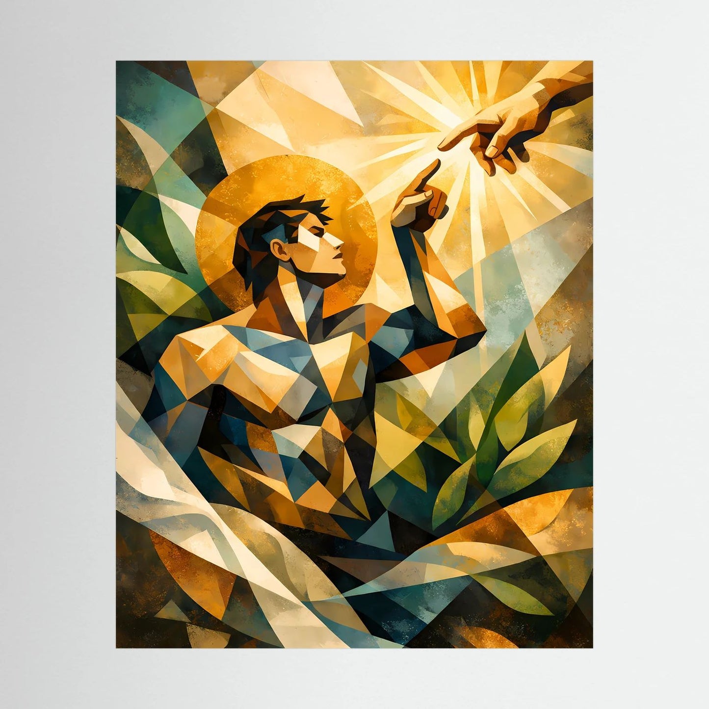 Hochformatiges Poster mit geometrischer Engel-Figur, goldenen Strahlen und grünen Blättern