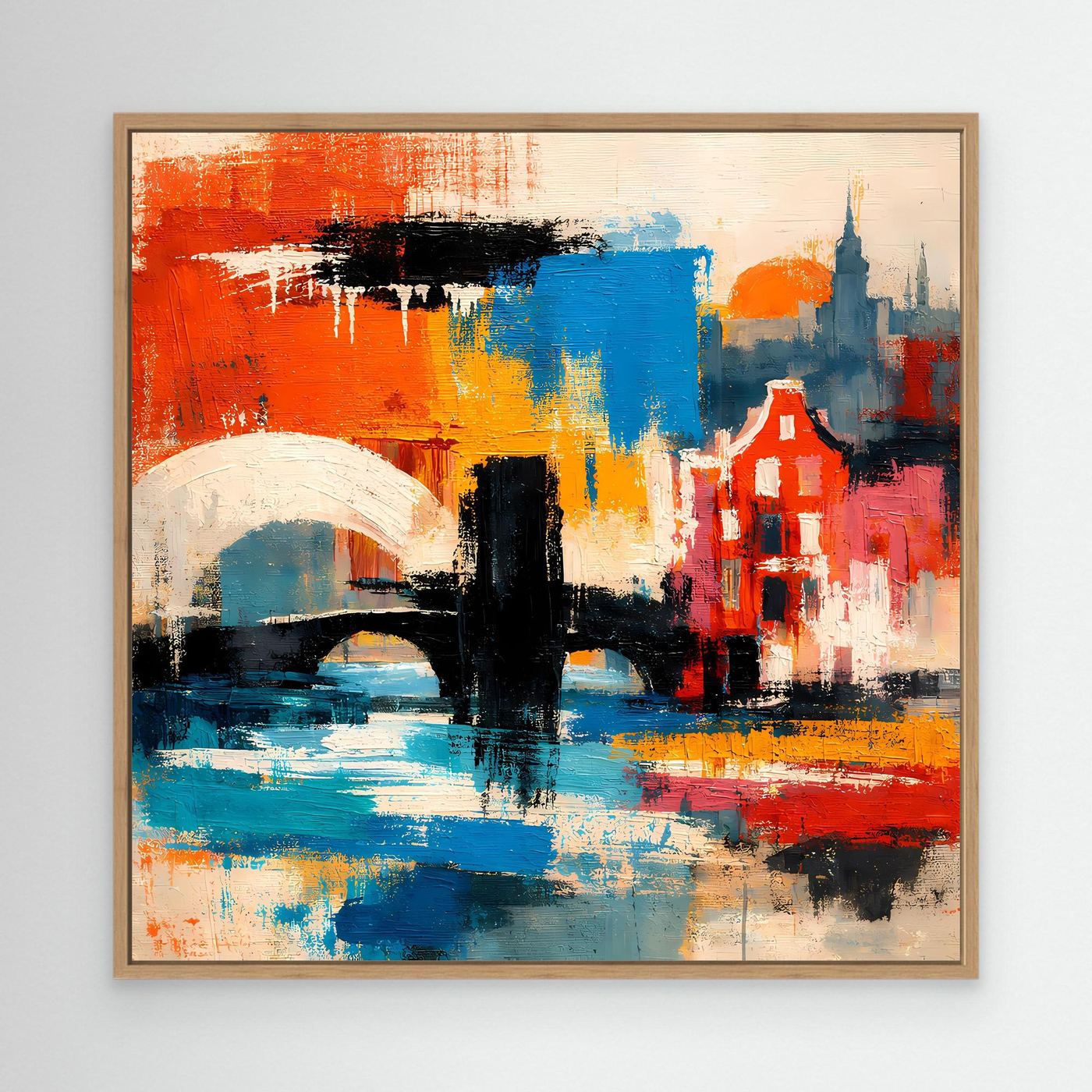 Leinwand-Wandbild mit abstrakter Stadtansicht in Rot, Blau und Gelb, Eichenrahmen