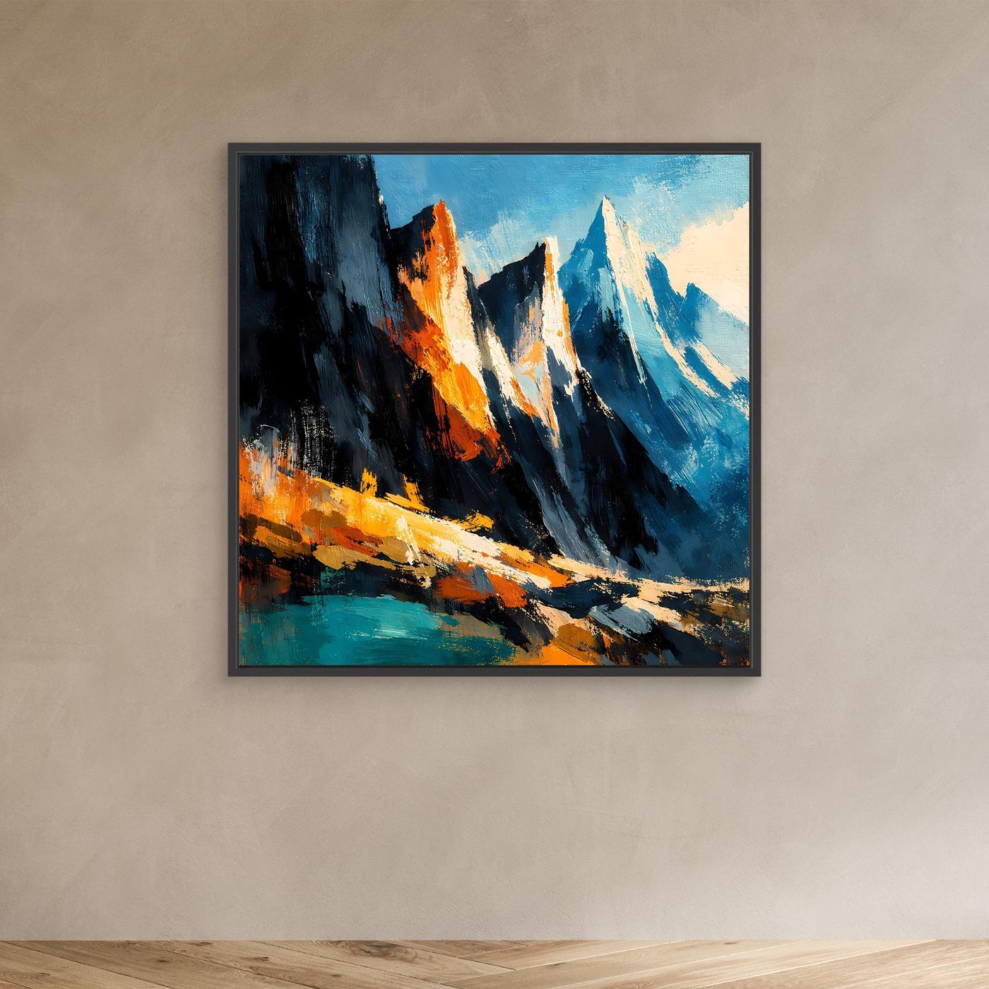 Abstraktes Leinwand-Wandbild mit Alpenbergen in Blau, Orange und Schwarz (schwarzer Rahmen)