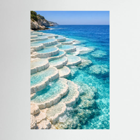 Wandbild im Hochformat mit türkisfarbenem Meer und terrassenförmigen Felsen