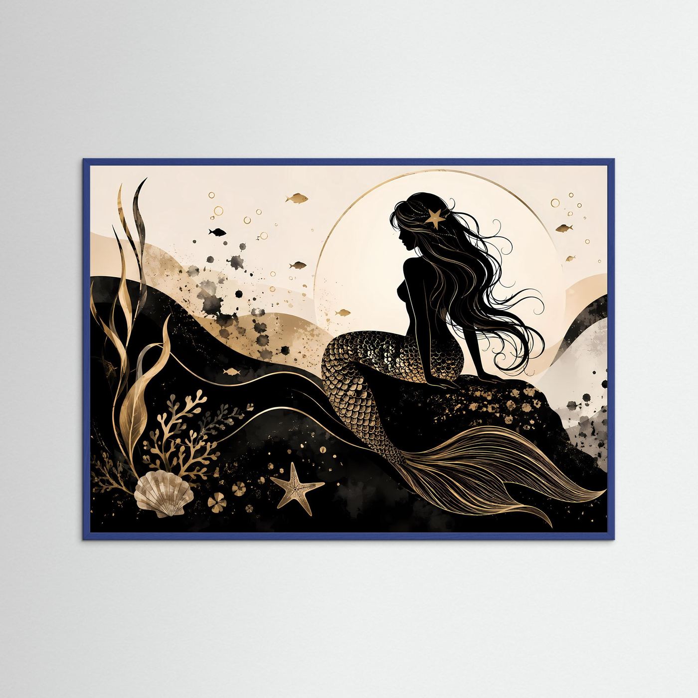 Querformat-Poster mit Meerjungfrau in Schwarz & Gold im blauen Rahmen