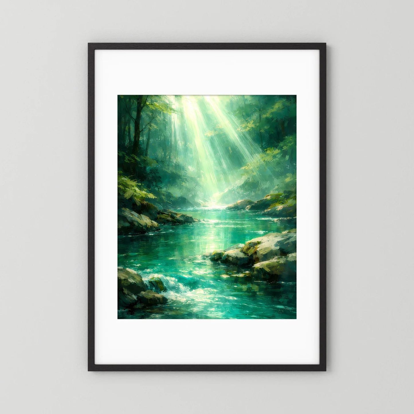 Wandbild Hochformat mit grünem Fluss im Wald und Sonnenstrahlen, schwarzer Rahmen mit weißer Matte