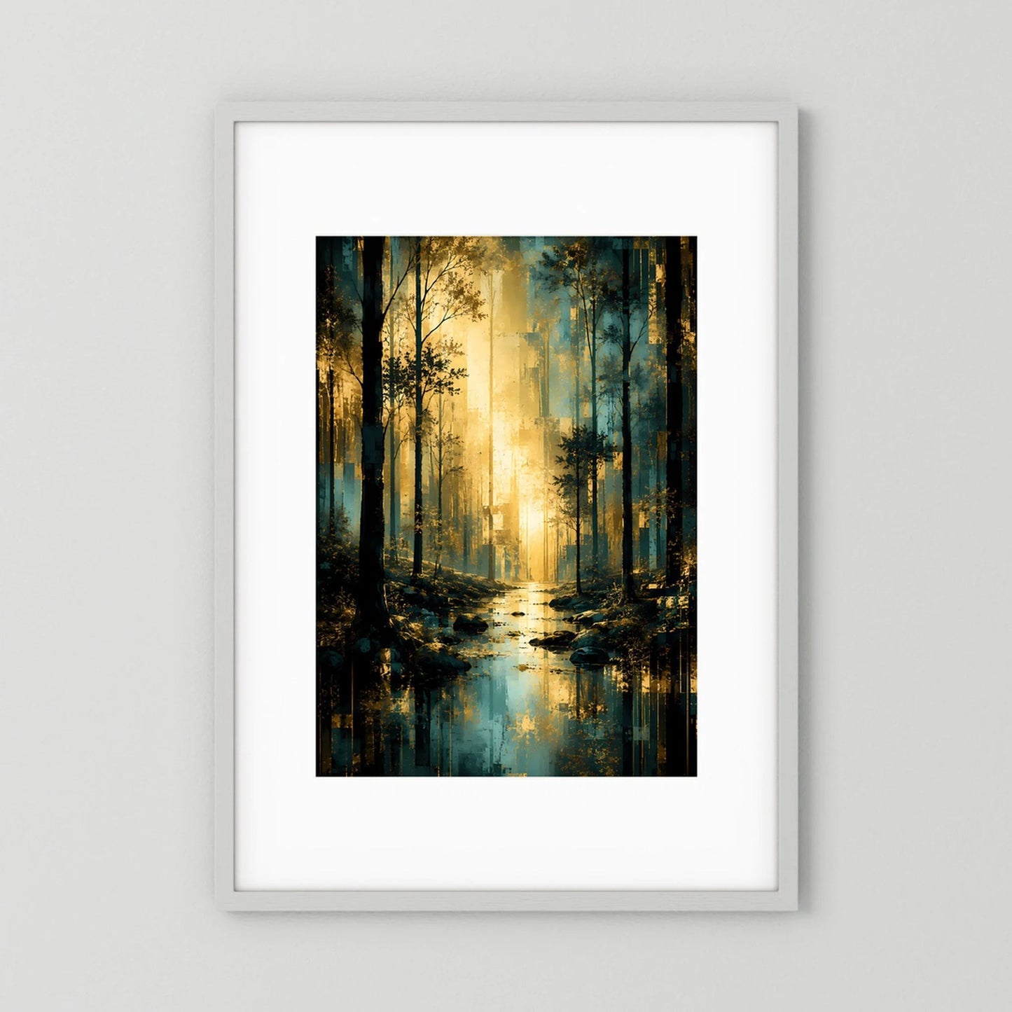 Waldlandschaft-Poster im Hochformat mit türkisblauen Bäumen und goldener Lichtung, weiß gerahmt