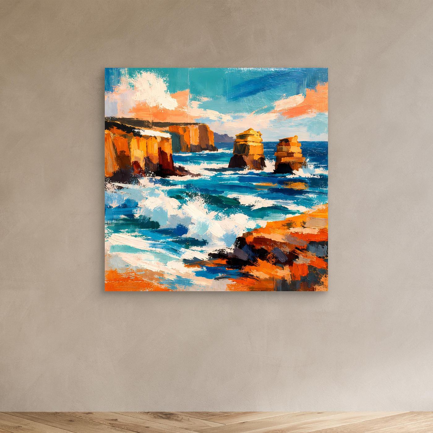 Abstraktes Küsten-Leinwandbild mit türkisblauem Meer, weißen Wellen und orangefarbenem Ufer