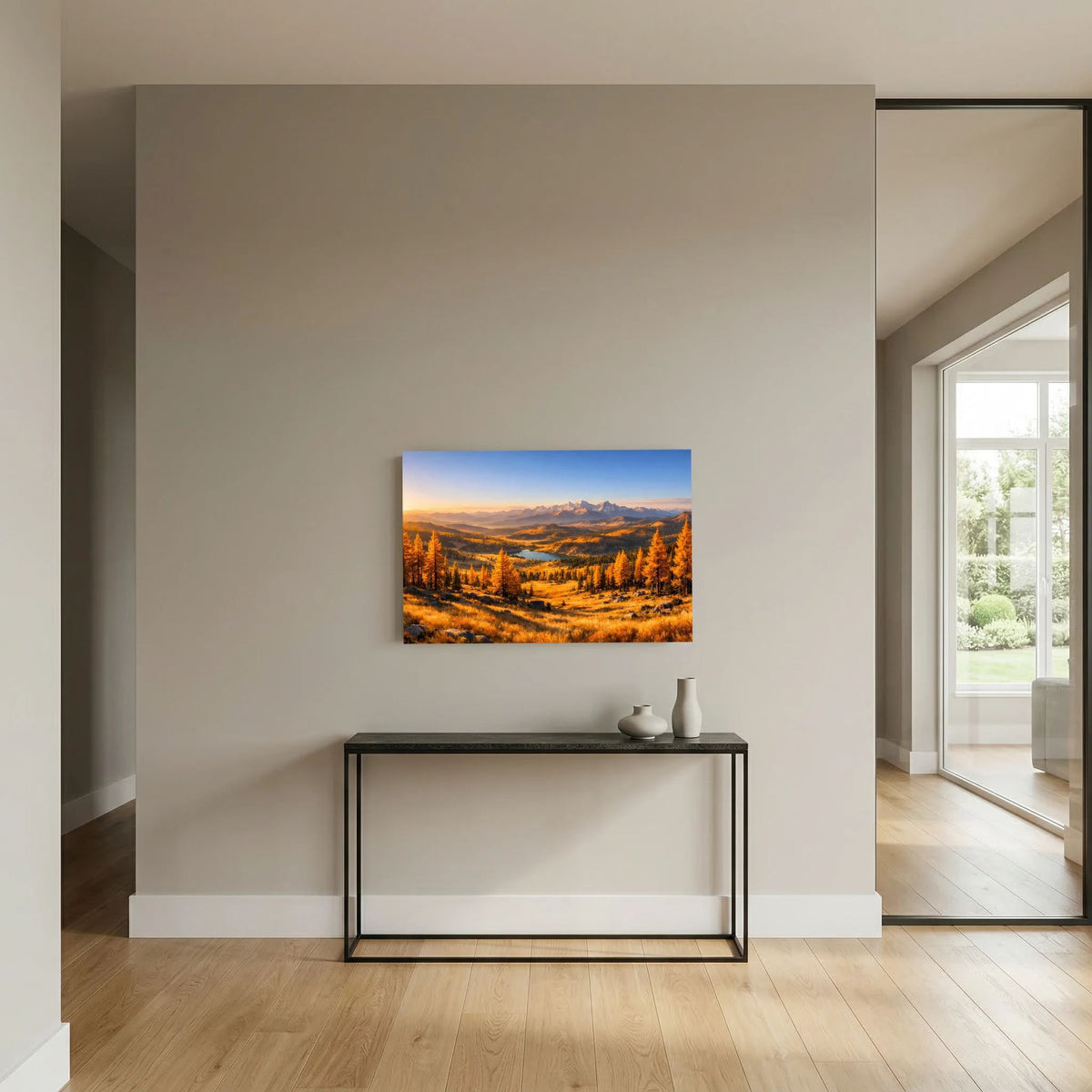 Wandbild im Querformat: Herbstliches Bergtal mit Fluss, goldenem Laub und klaren Bergspitzen