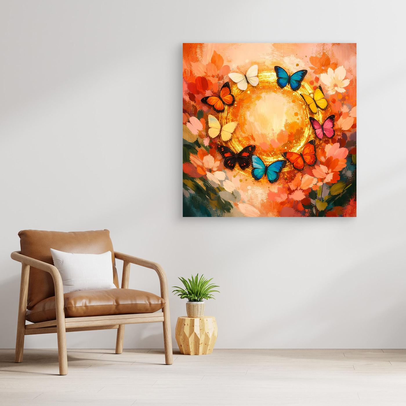 Leinwandbild mit farbenfrohem Schmetterlingskreis und goldenem Zentrum
