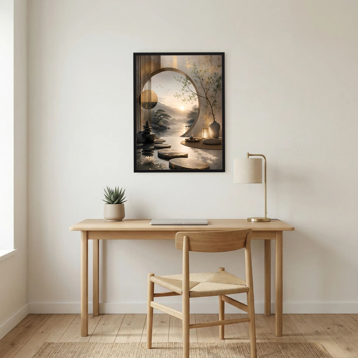 Hochformatiges Poster im schwarzen Rahmen mit Zen-Garten-Landschaft und rundem Torbogen.