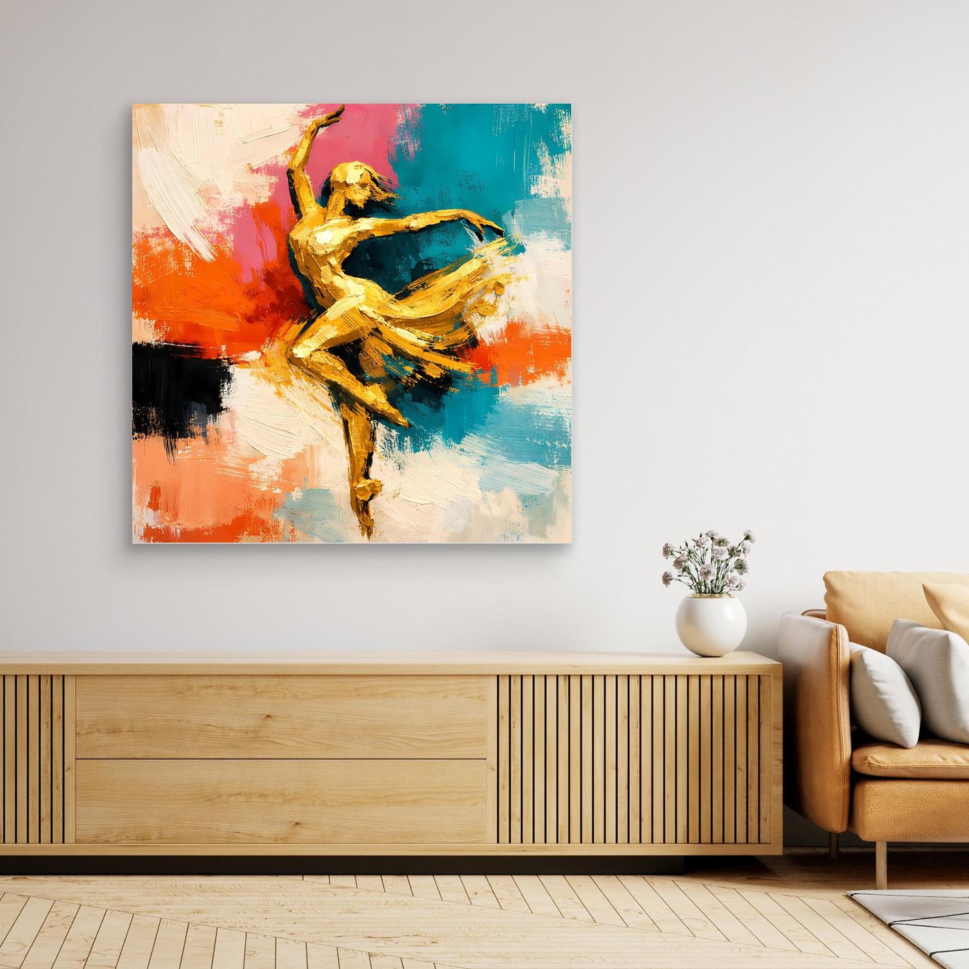Leinwand Elegante Goldene Tänzerin im Flug | Abstraktes Ballett & Modern Art Wandbild