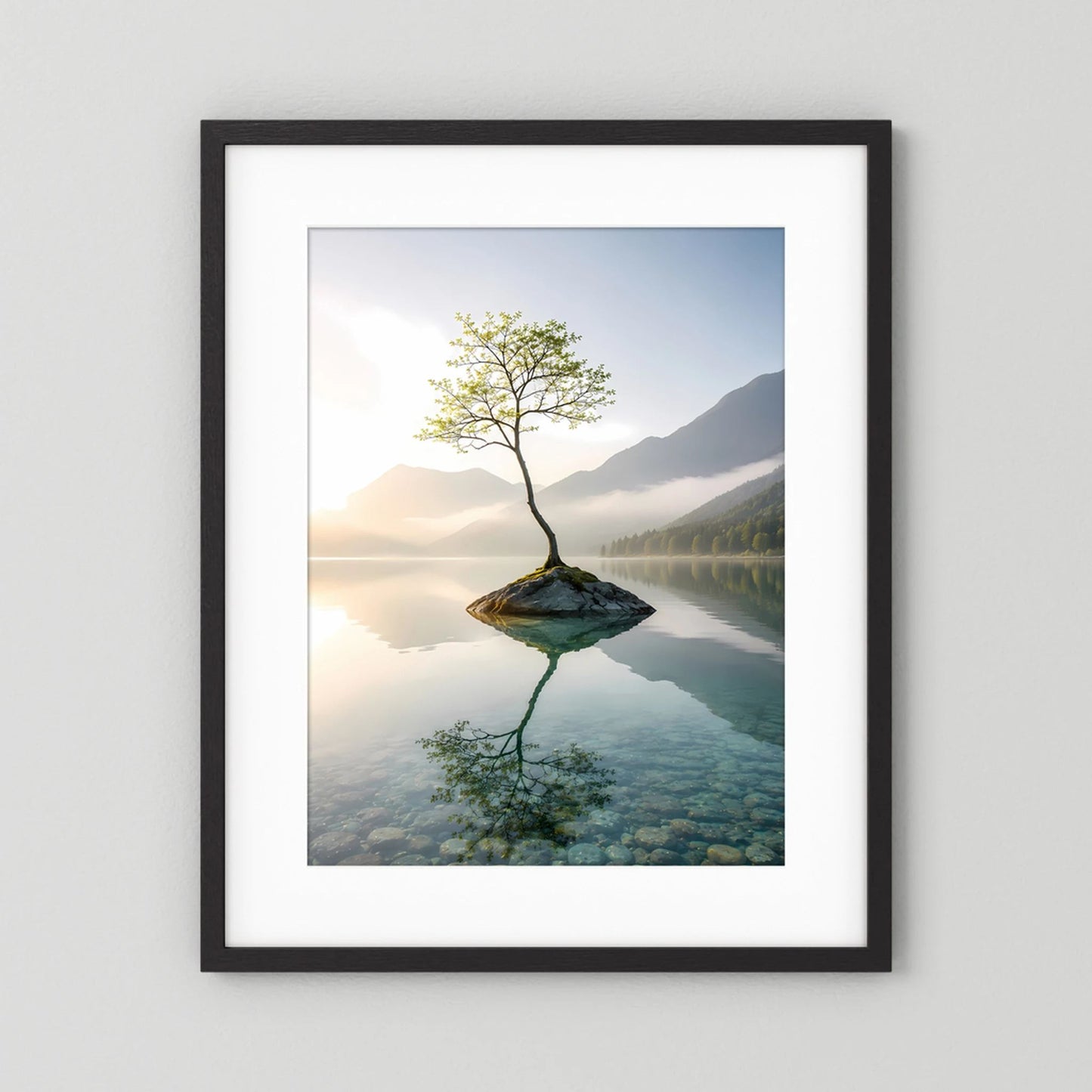 Einsamer Baum im Bergsee | Minimalistische Natur mit Spiegelung | Poster Hochformat