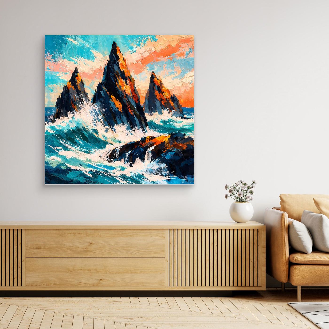 Leinwand-Wandbild: abstrakte Klippen in der Brandung, türkisblau und orangefarbene Wolken