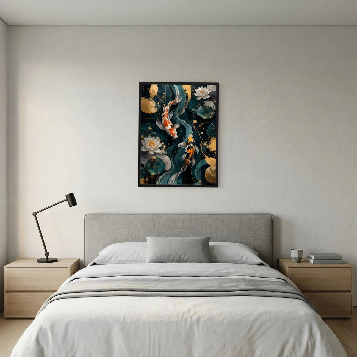 Gerahmtes Poster im Schlafzimmer: Koi-Fische und Lotusblüten in Petrol & Gold