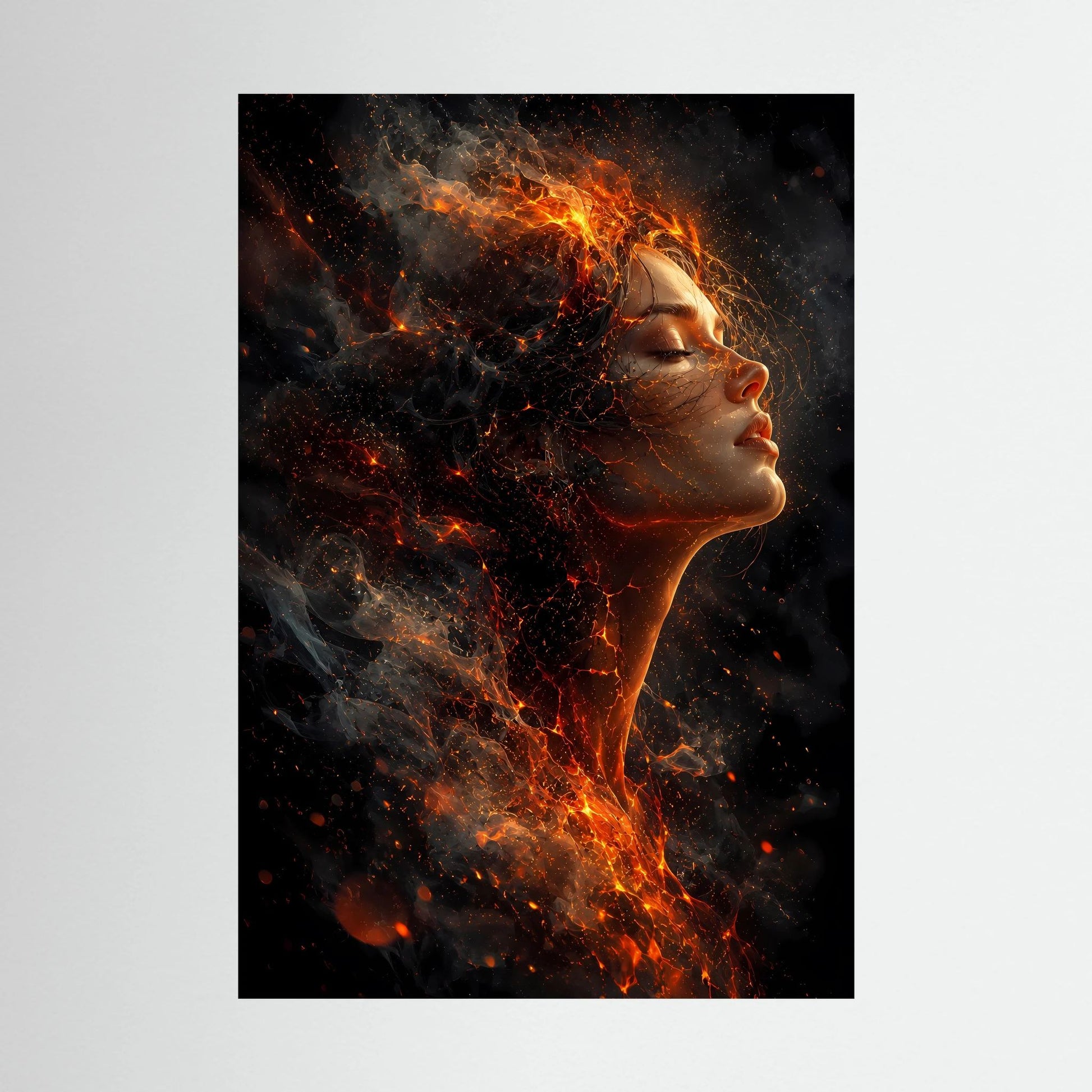 Hochformat-Poster: Frauenprofil aus Feuer und Glut, orange Flammen