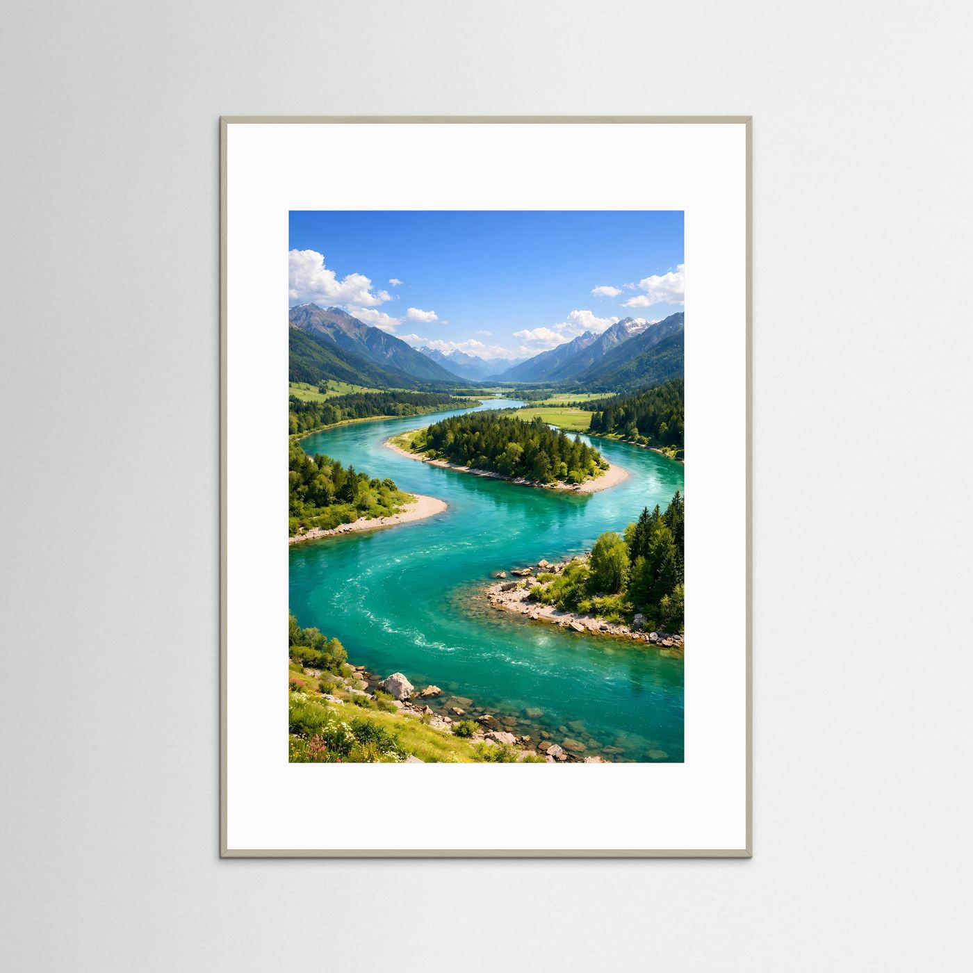 Naturposter mit Flusslandschaft in Türkis und Grün, Alpenbergen und grauem Rahmen