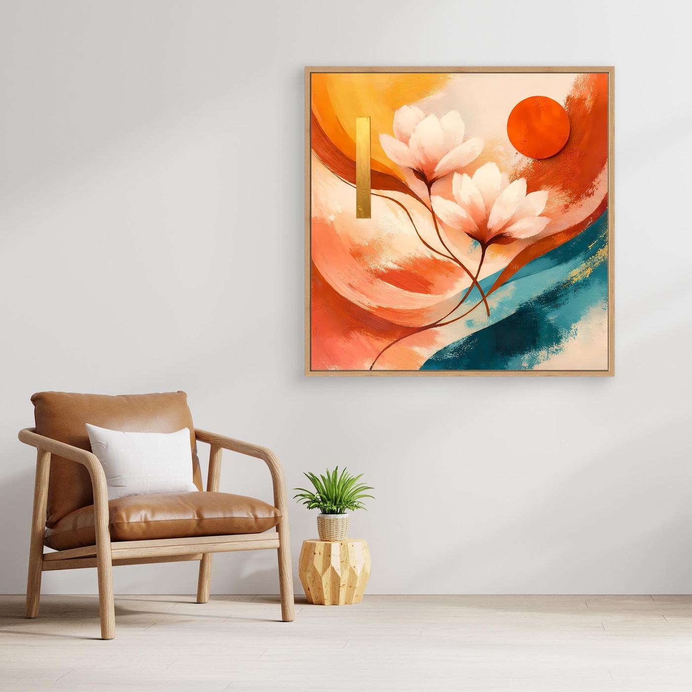 Gerahmtes Leinwandbild mit Lotusblüten und orangefarbenem Kreis, warme Terrakotta- und Türkistöne.