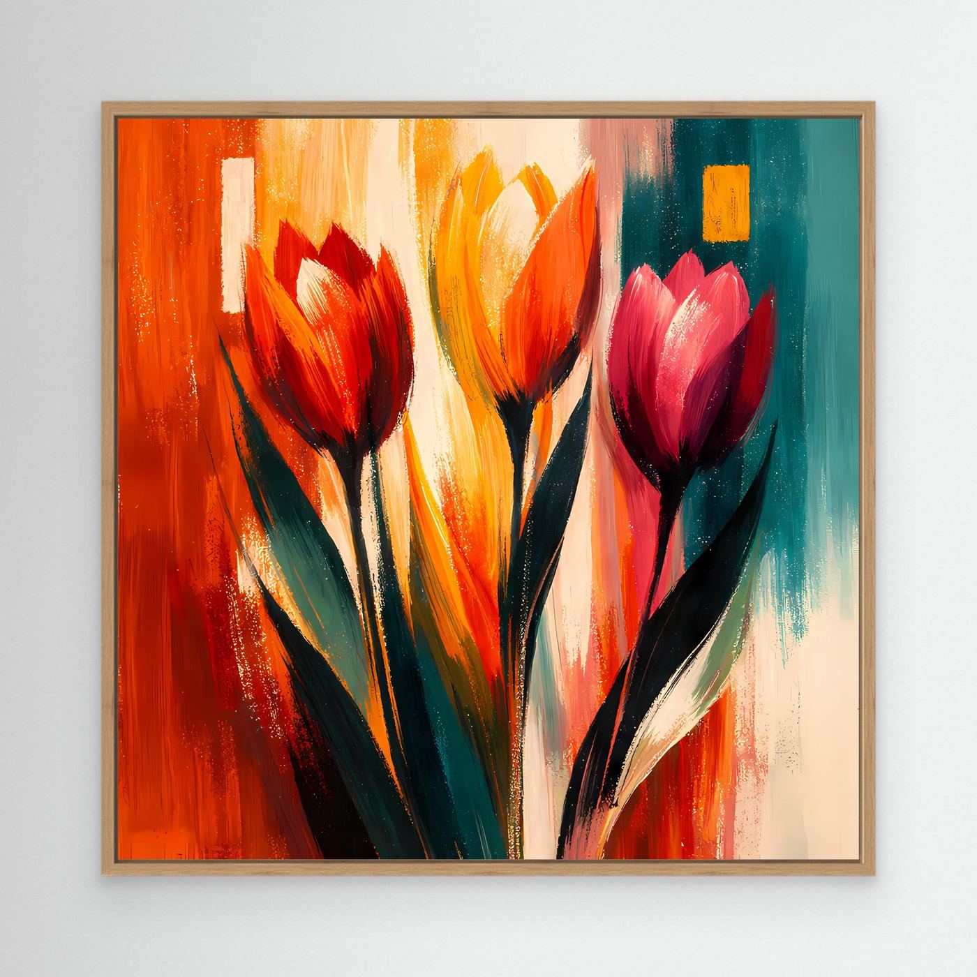Leinwandbild mit abstrakten Tulpen in bunten Farben, mit hellem Holzrahmen