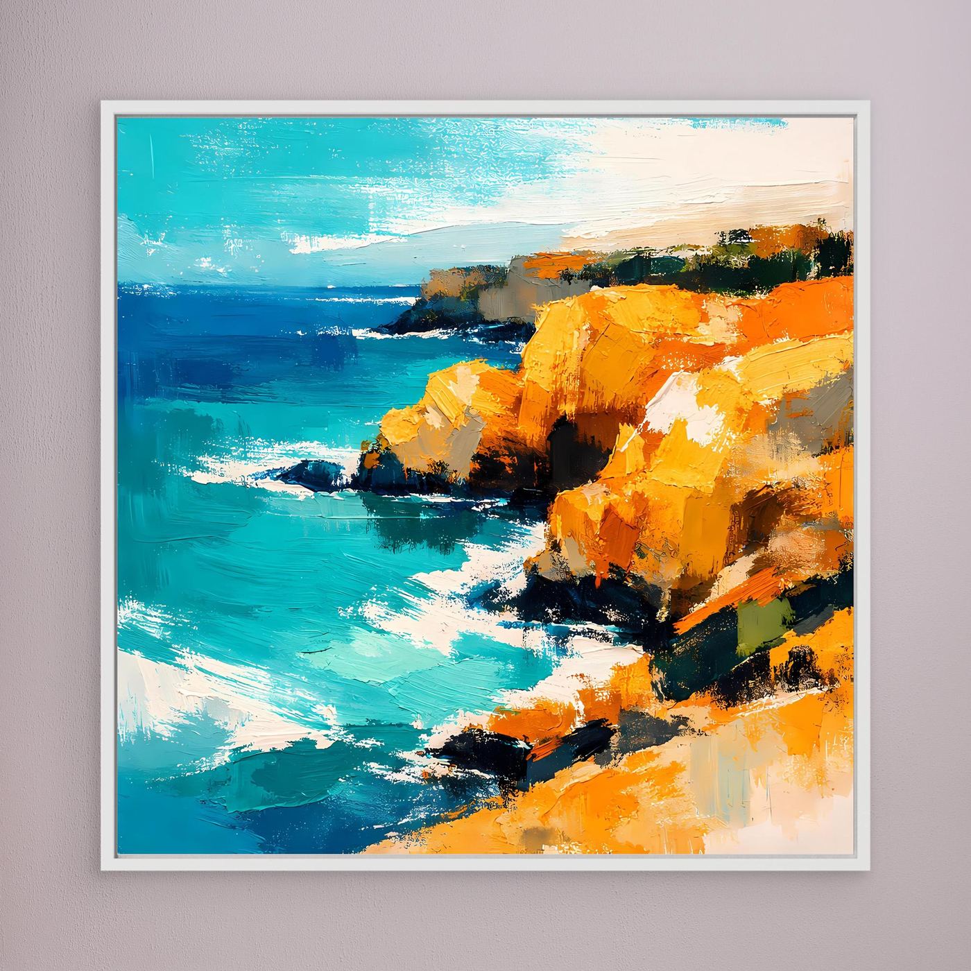 Leinwand Abstraktes Steilküsten Gemälde | Modernes Mediterranes Meeres Wandbild Blau Gelb
