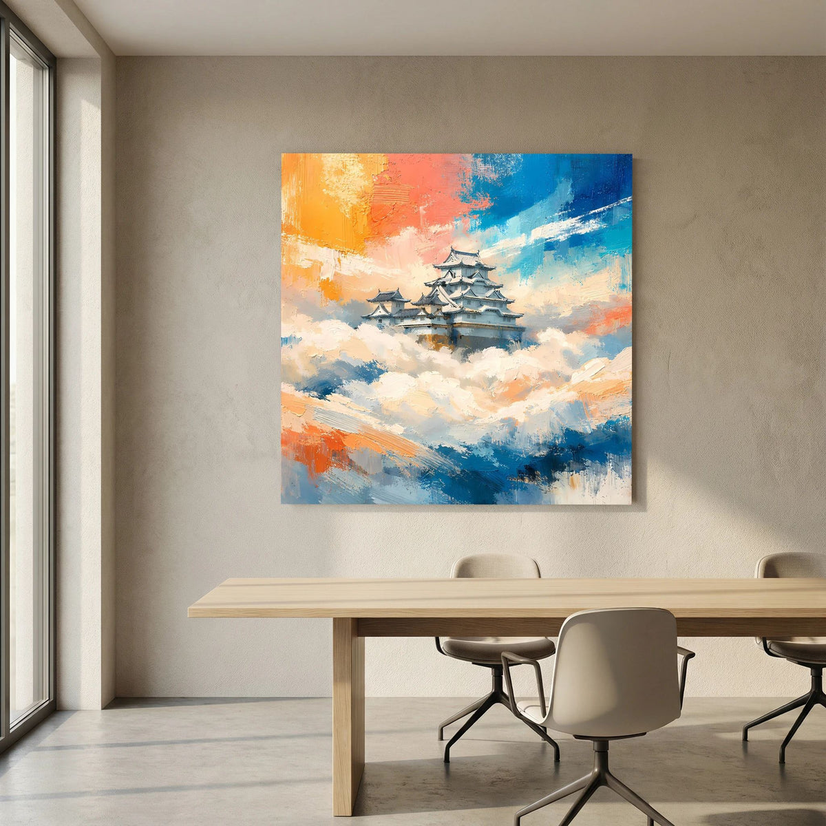 Wandbild auf Leinwand: japanische Burg über den Wolken, pastellige Blau-Orange Farbtöne