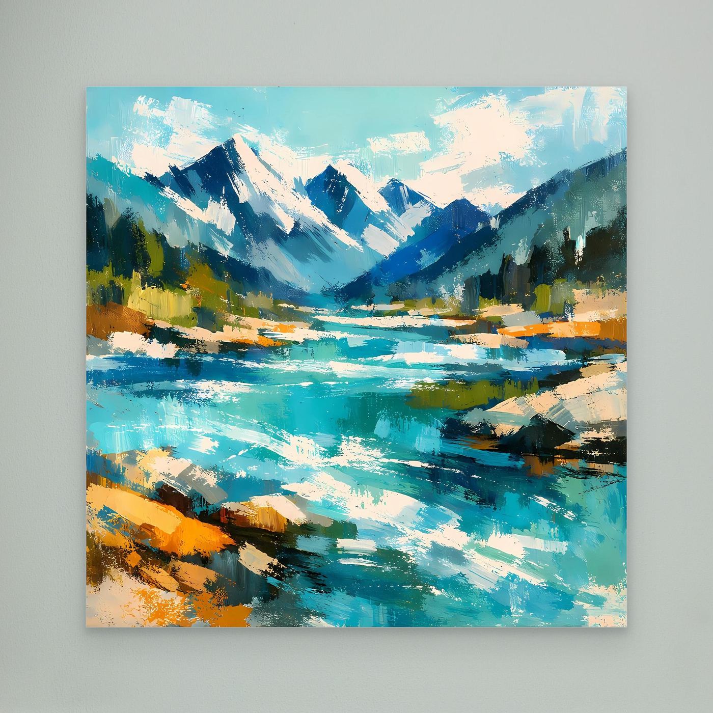 Abstraktes Leinwand-Wandbild mit Berglandschaft und Fluss, türkis, blau und orange