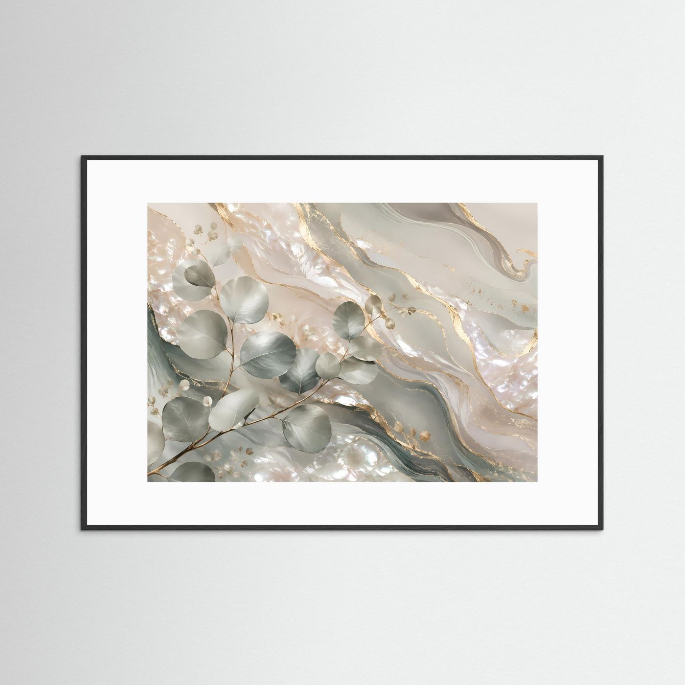 Eukalyptus-Poster mit schwarzem Rahmen und weißem Rand: Creme, Salbeigrün, Goldakzente